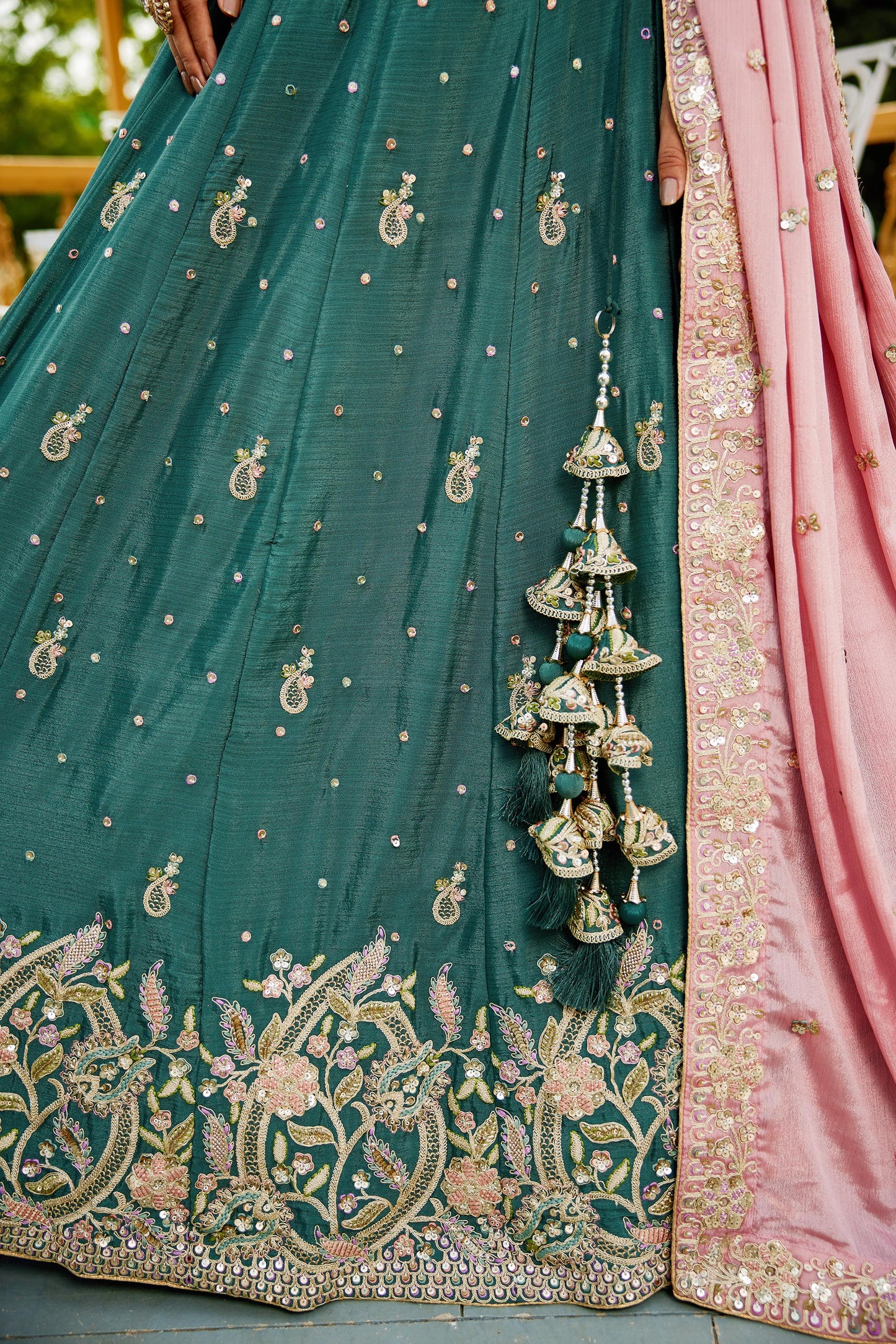 Teal colour Chinnon Sequinse embroidery Lehenga choli & Dupatta