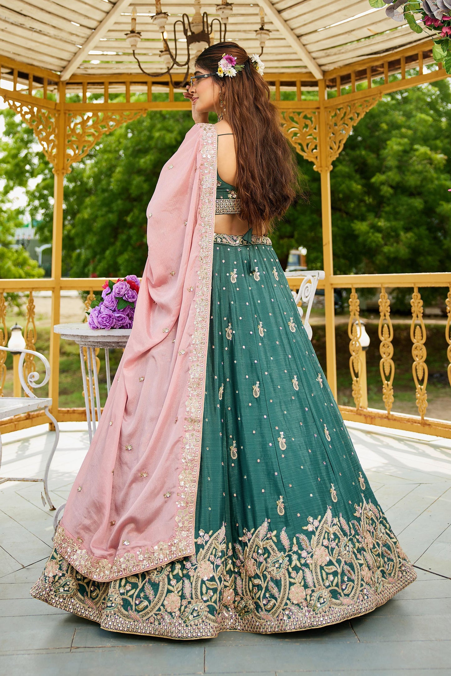 Teal colour Chinnon Sequinse embroidery Lehenga choli & Dupatta