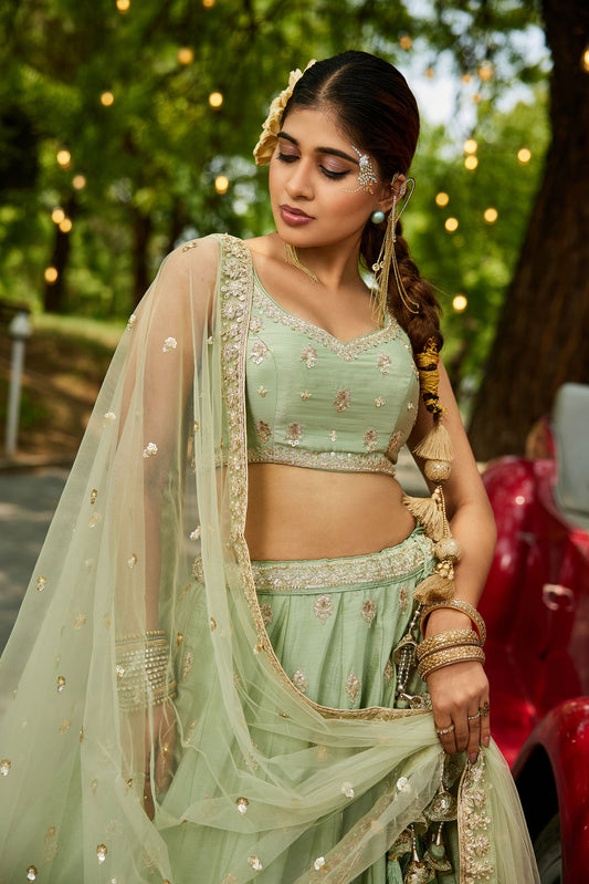 Lime Green colour Chinnon Sequins embroidery Lehenga choli & Dupatta