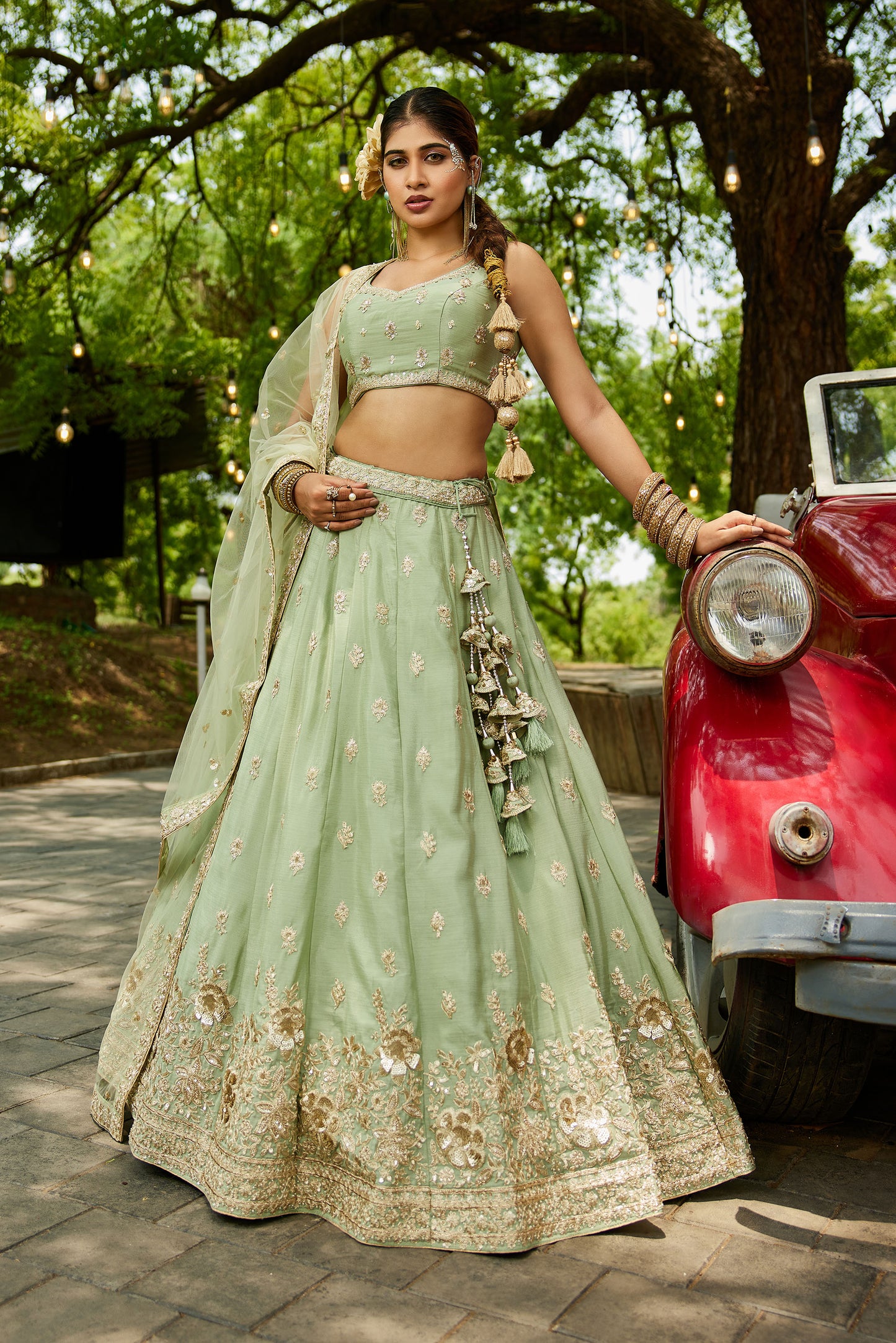 Lime Green colour Chinnon Sequins embroidery Lehenga choli & Dupatta