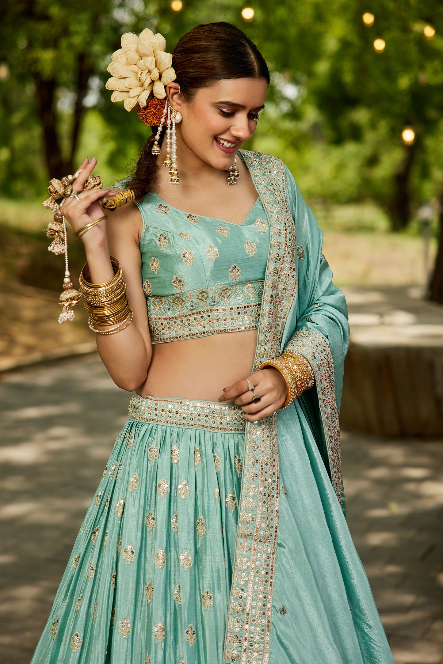 Sea green colour Chiffon Sequins embroidery Lehenga choli & Dupatta