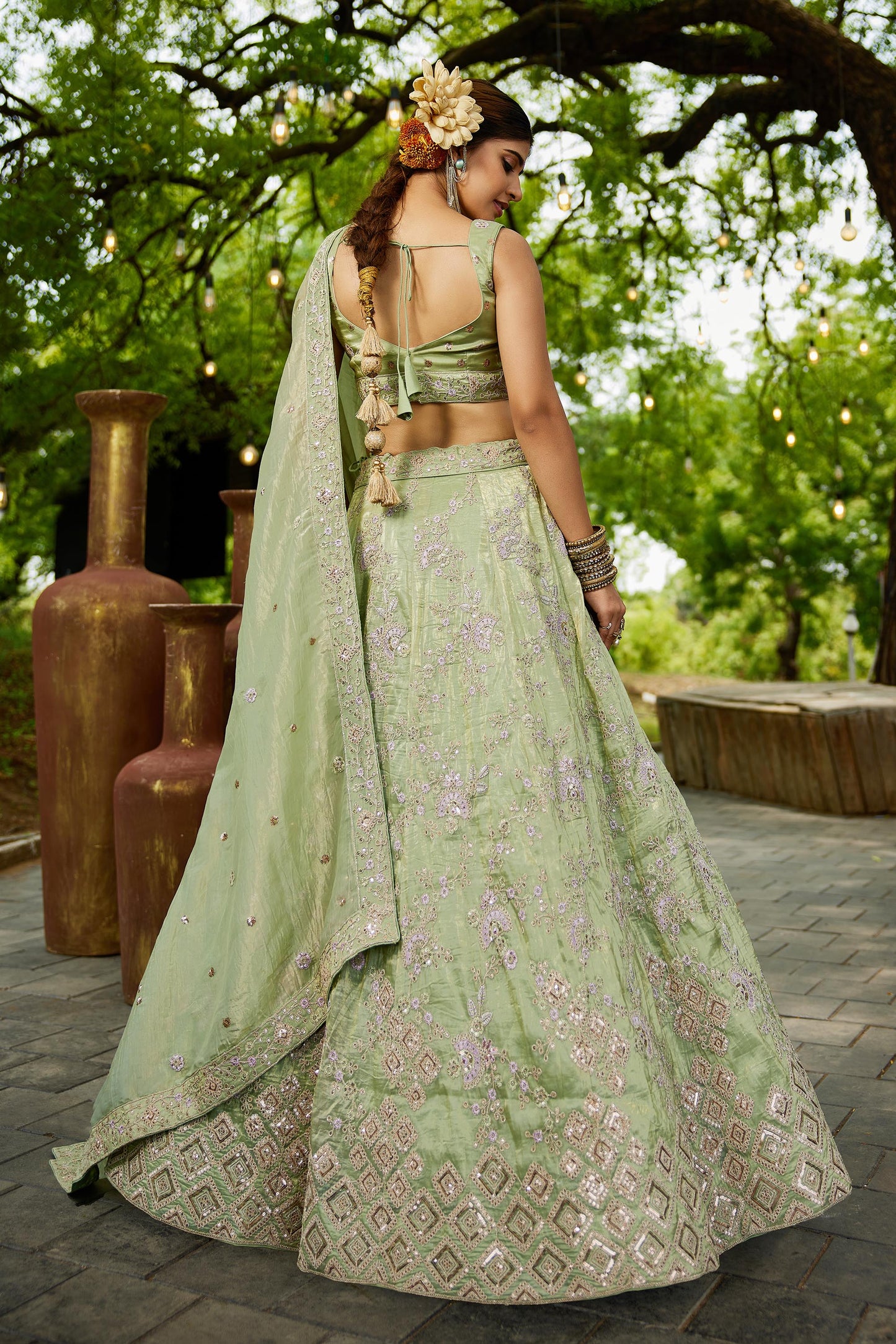Lime Green colour Tissue Sequinse embroidery Lehenga choli & Dupatta