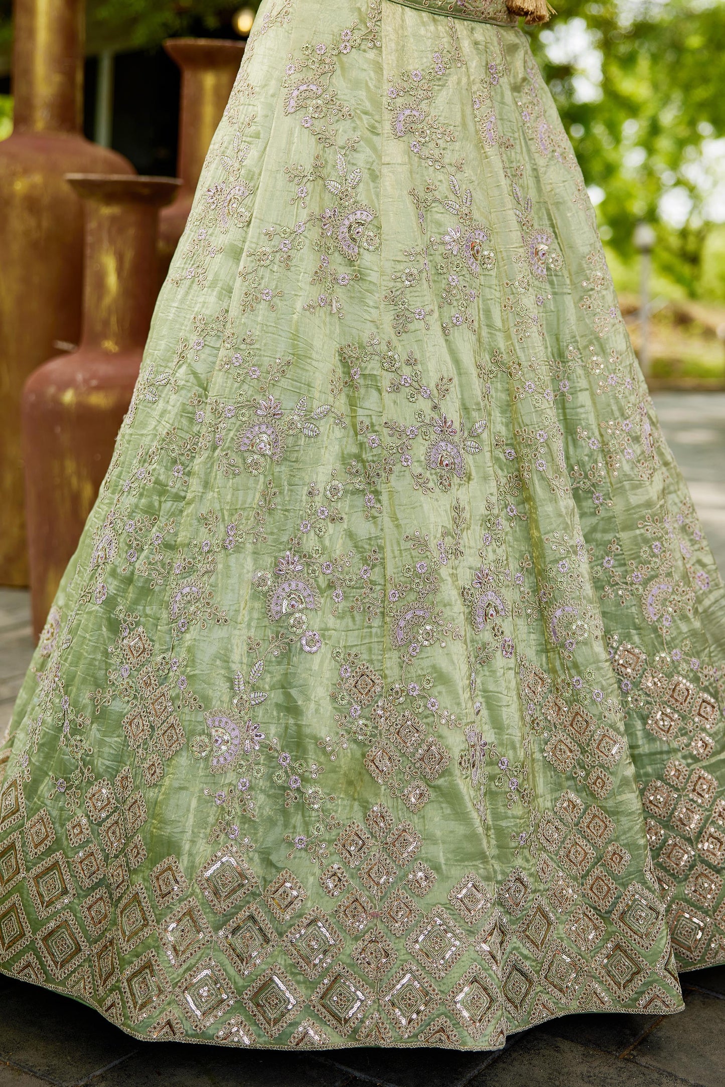 Lime Green colour Tissue Sequinse embroidery Lehenga choli & Dupatta