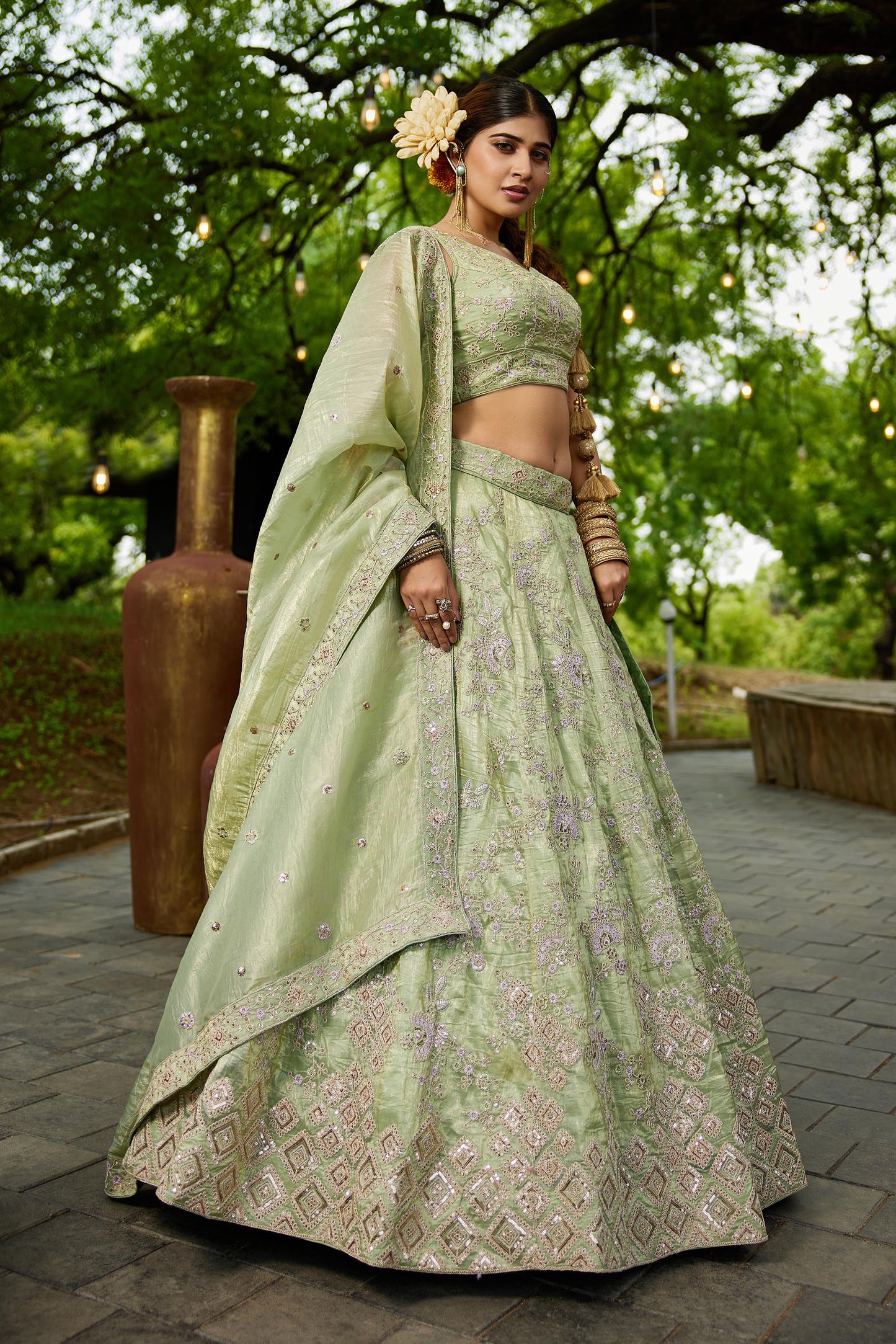 Lime Green colour Tissue Sequinse embroidery Lehenga choli & Dupatta