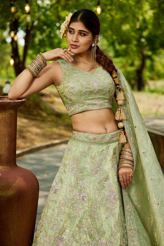 Lime Green colour Tissue Sequinse embroidery Lehenga choli & Dupatta