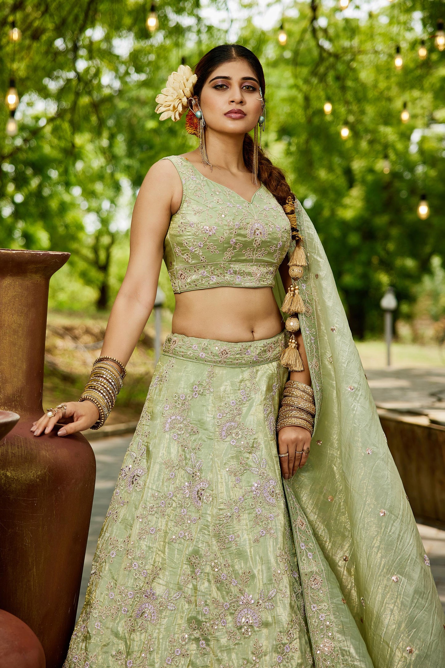 Lime Green colour Tissue Sequinse embroidery Lehenga choli & Dupatta