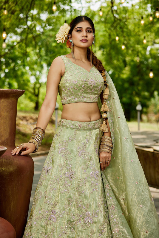 Lime Green colour Tissue Sequinse embroidery Lehenga choli & Dupatta