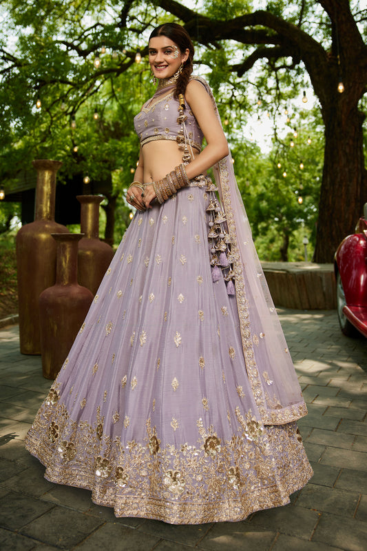 Mauve colour Chinnon Sequins embroidery Lehenga choli & Dupatta