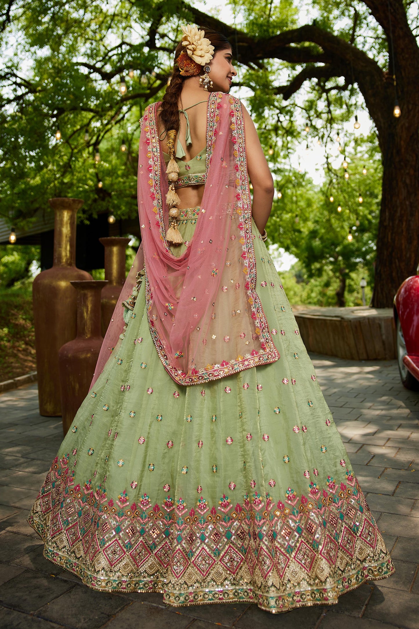 Lime green colour Tissue Sequinse embroidery Lehenga choli & Dupatta