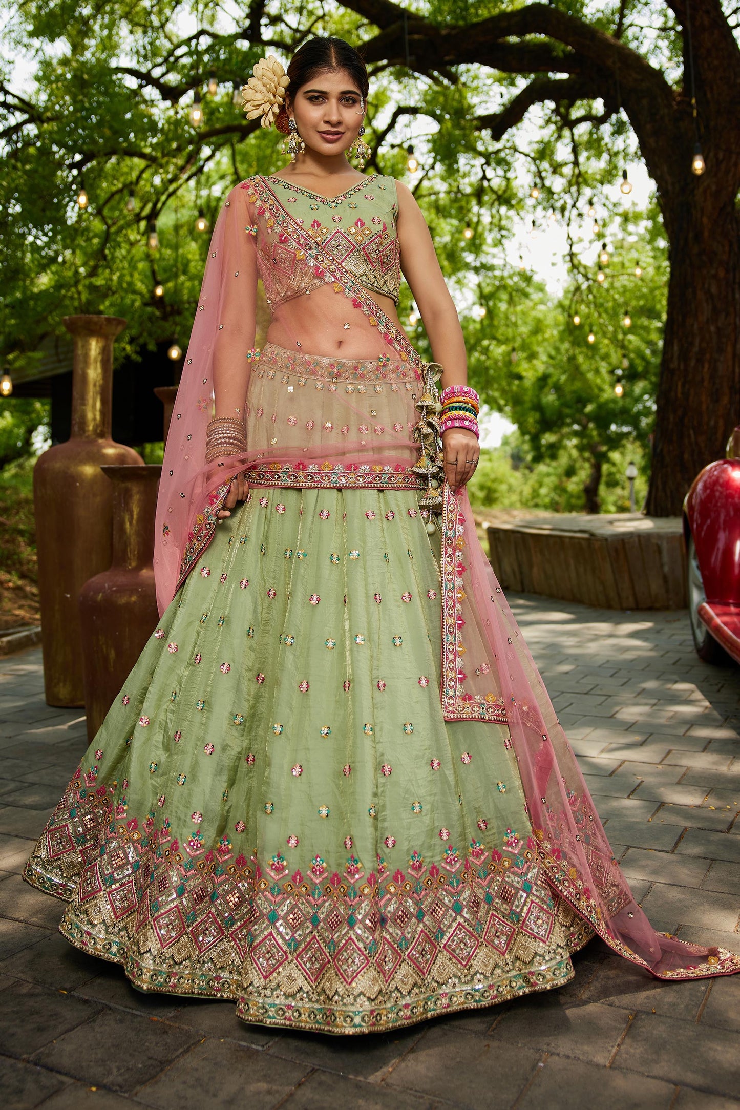 Lime green colour Tissue Sequinse embroidery Lehenga choli & Dupatta