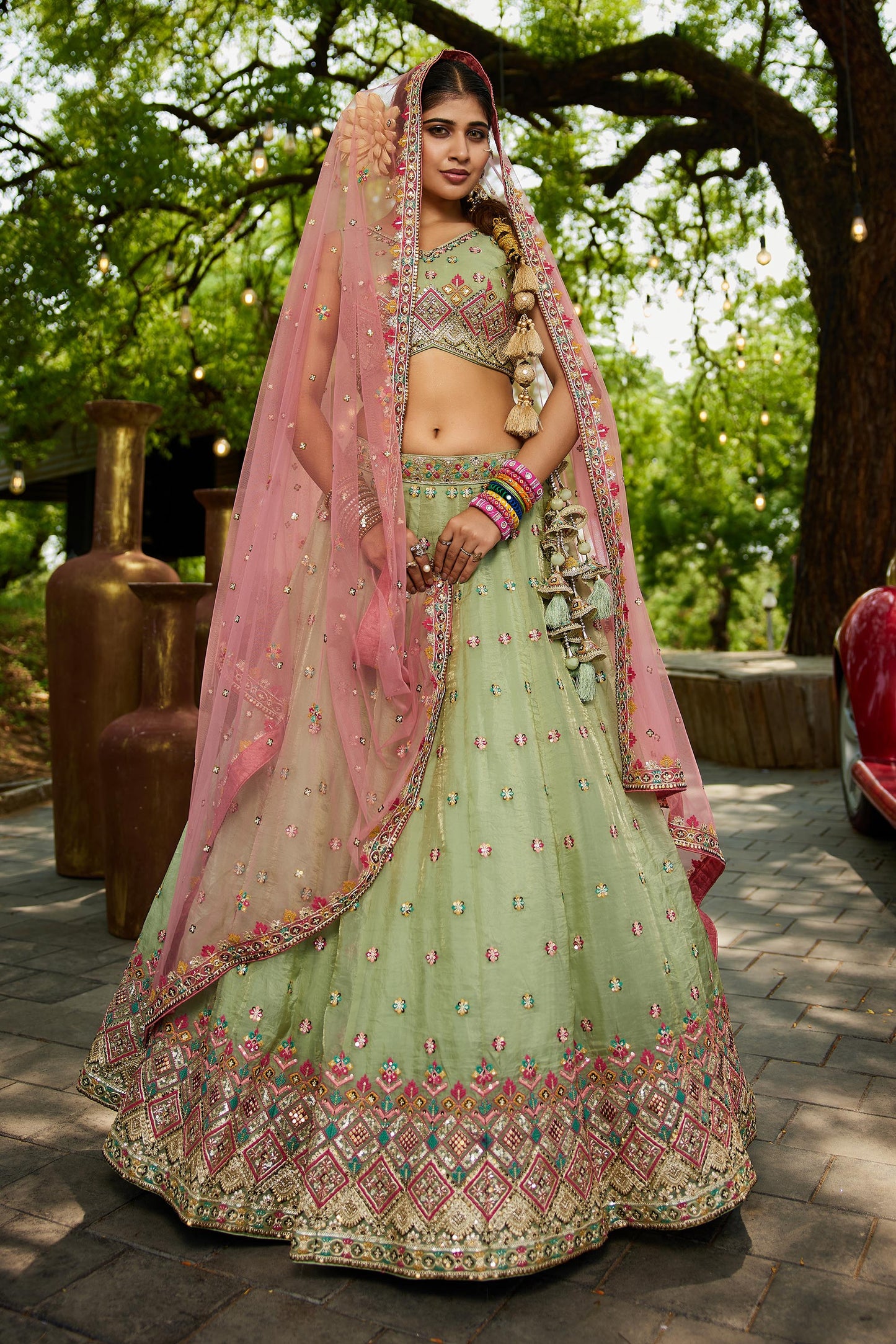 Lime green colour Tissue Sequinse embroidery Lehenga choli & Dupatta