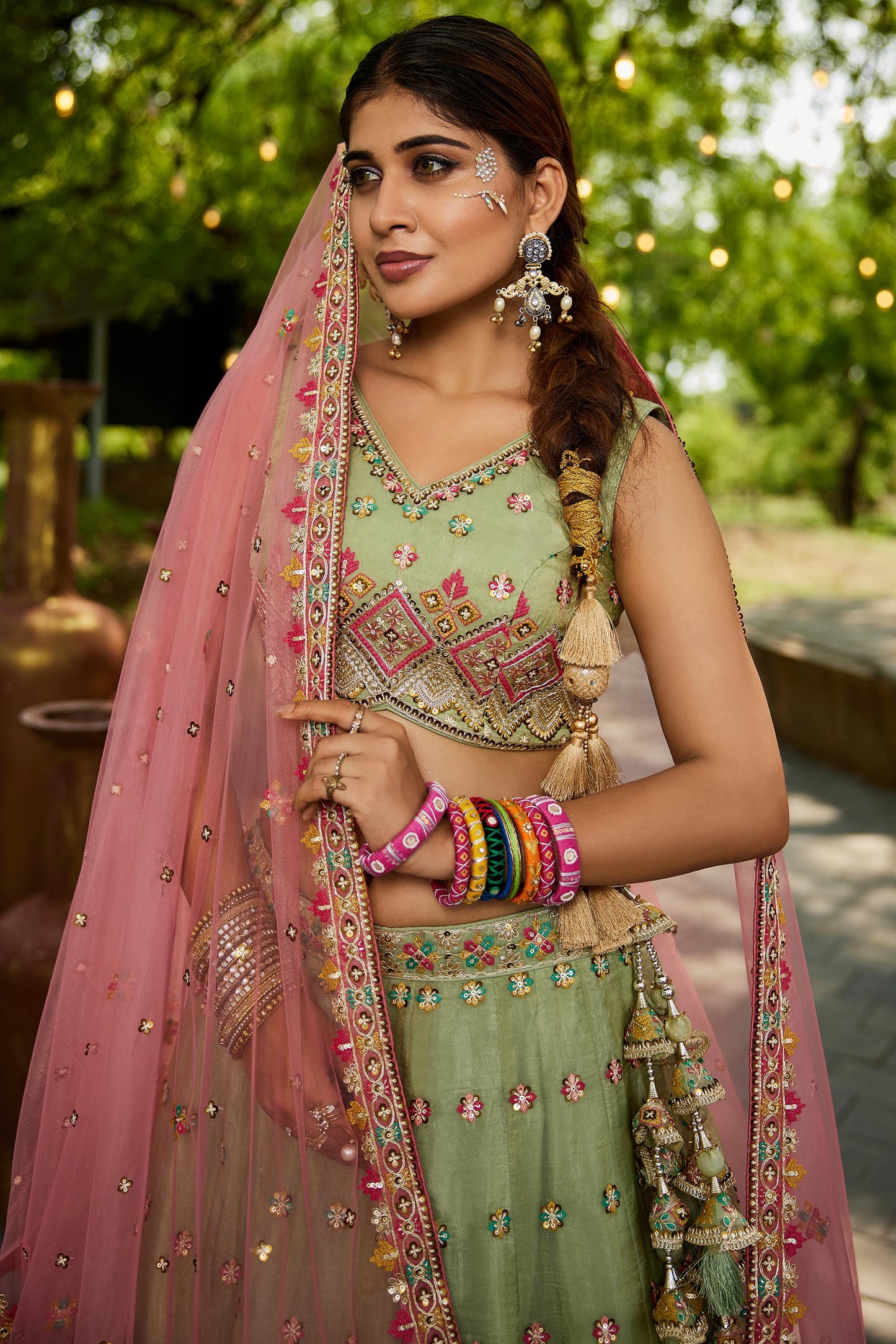 Lime green colour Tissue Sequinse embroidery Lehenga choli & Dupatta