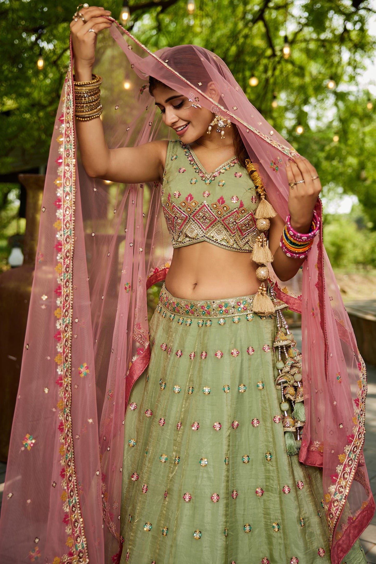 Lime green colour Tissue Sequinse embroidery Lehenga choli & Dupatta