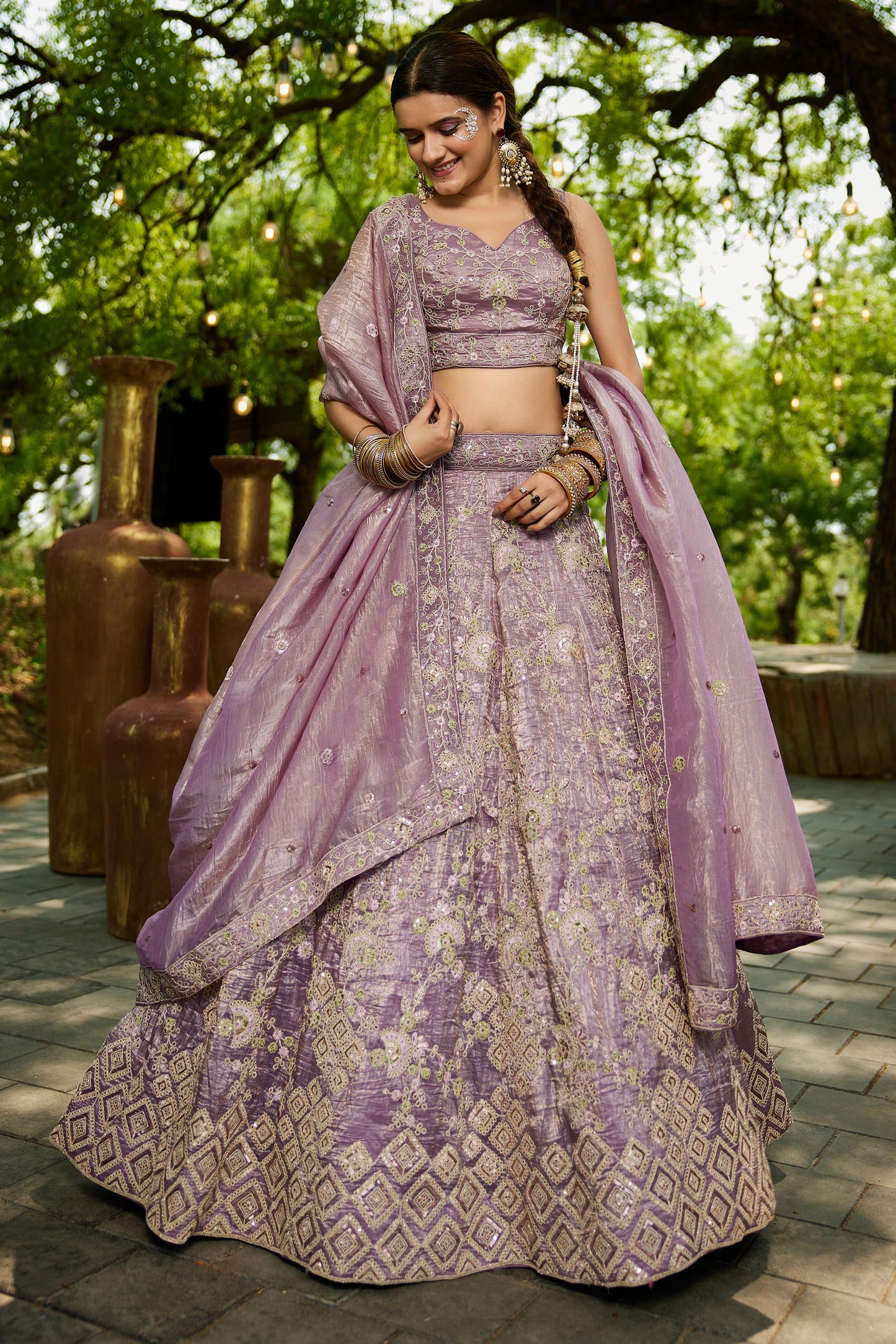 Lavender colour Tissue Sequinse embroidery Lehenga choli & Dupatta