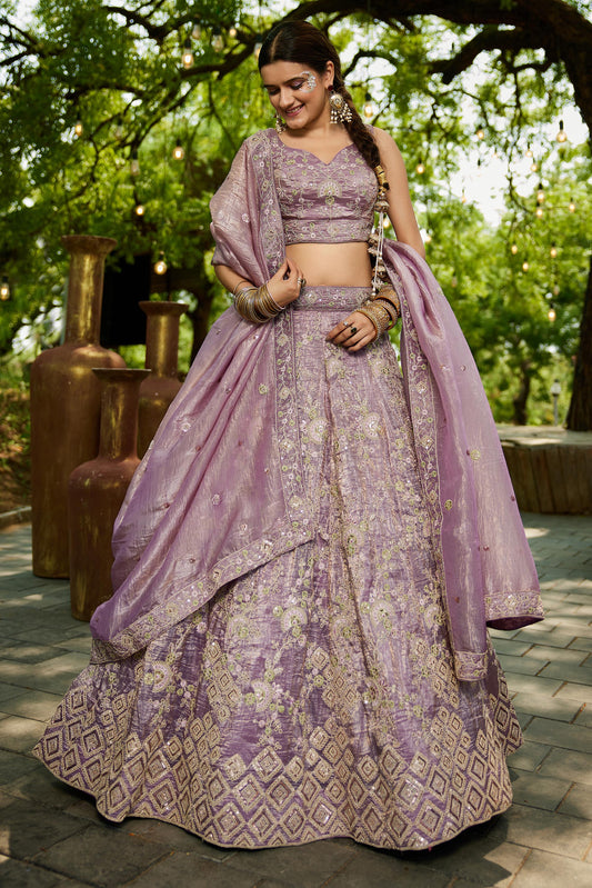 Lavender colour Tissue Sequinse embroidery Lehenga choli & Dupatta