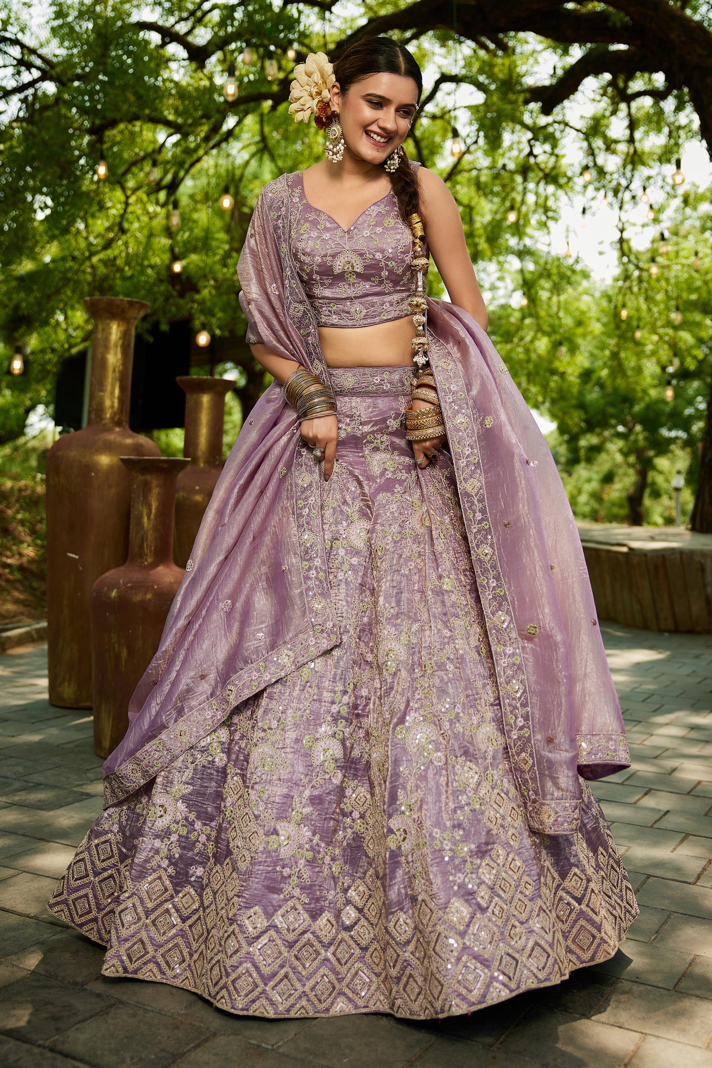 Lavender colour Tissue Sequinse embroidery Lehenga choli & Dupatta