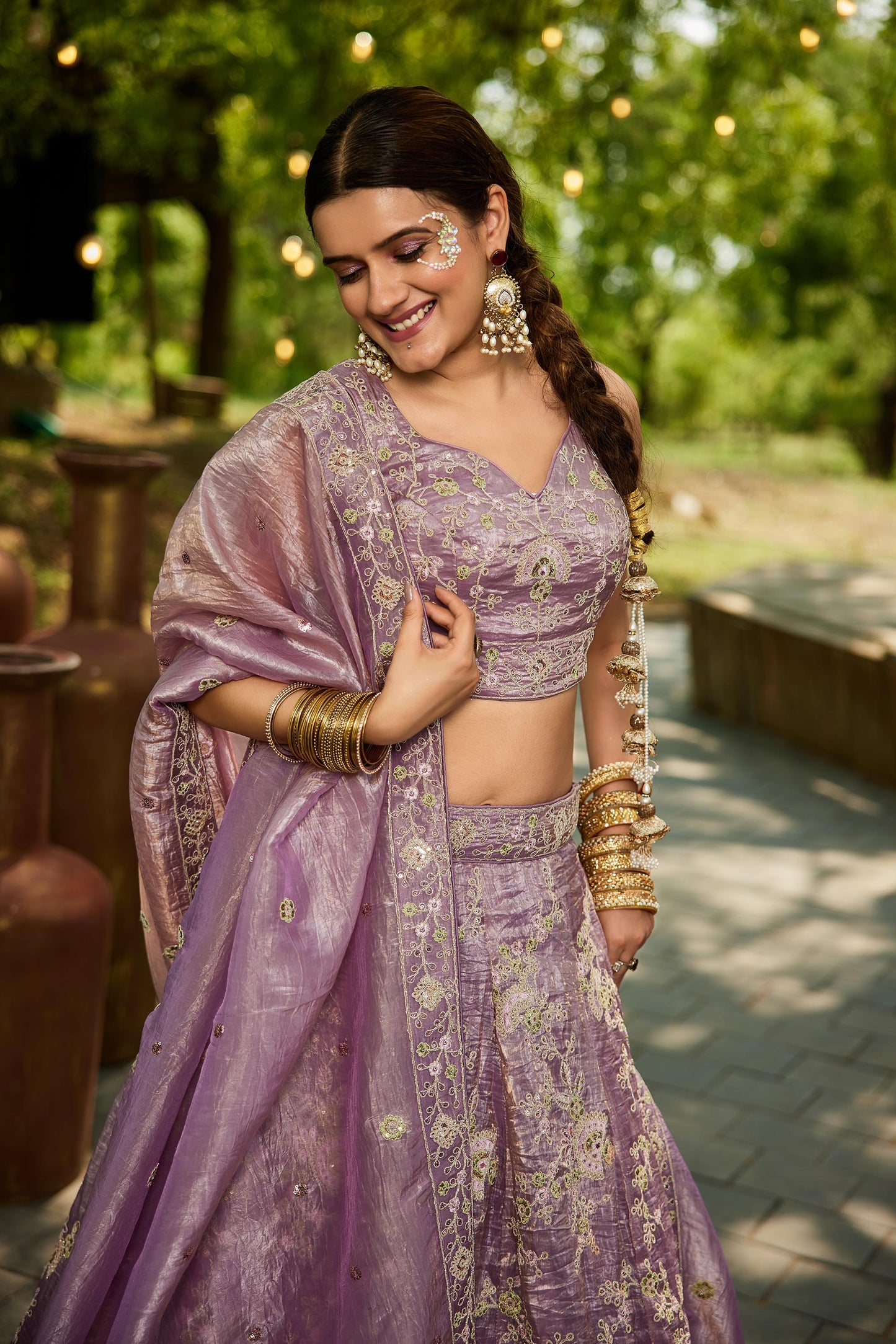 Lavender colour Tissue Sequinse embroidery Lehenga choli & Dupatta