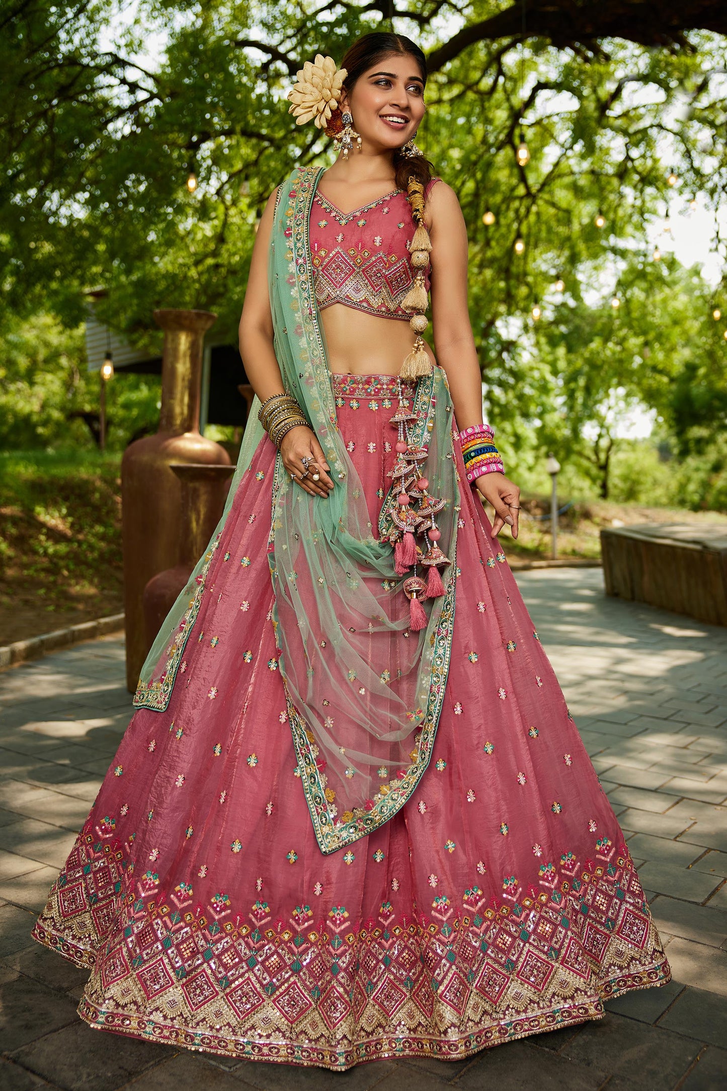 Pink colour Tissue Sequinse embroidery Lehenga choli & Dupatta