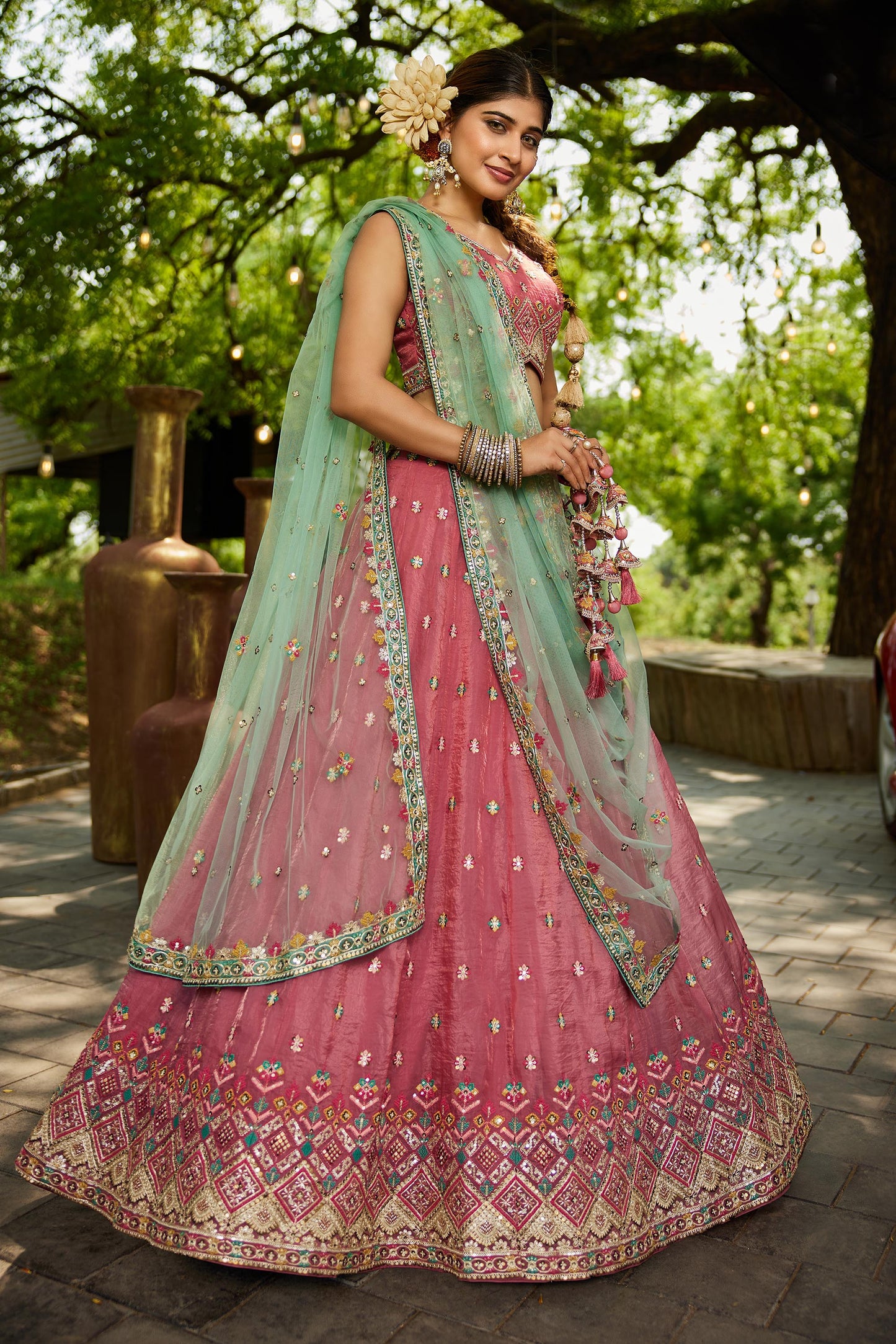 Pink colour Tissue Sequinse embroidery Lehenga choli & Dupatta