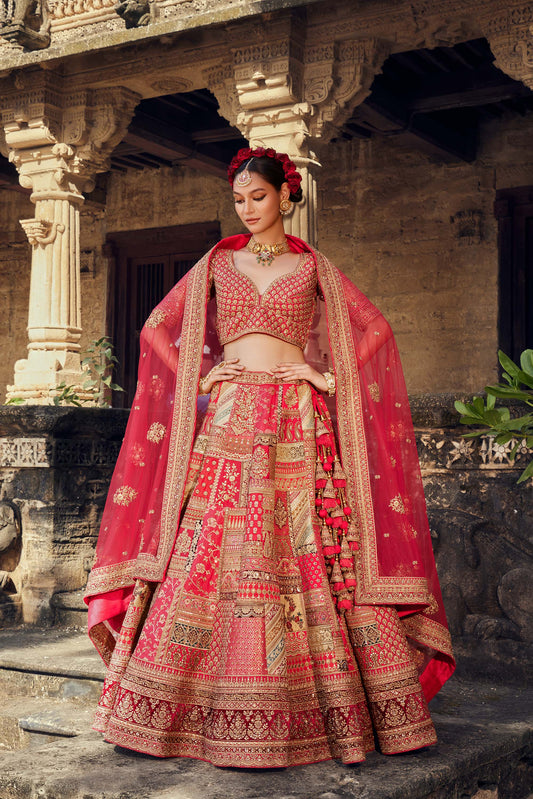 Shiva Machine Embroidered Silk & Velvet Red Bridal Lehenga