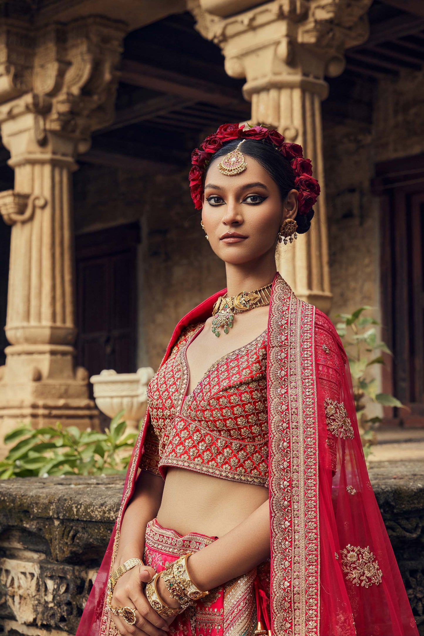 Shiva Machine Embroidered Silk & Velvet Red Bridal Lehenga