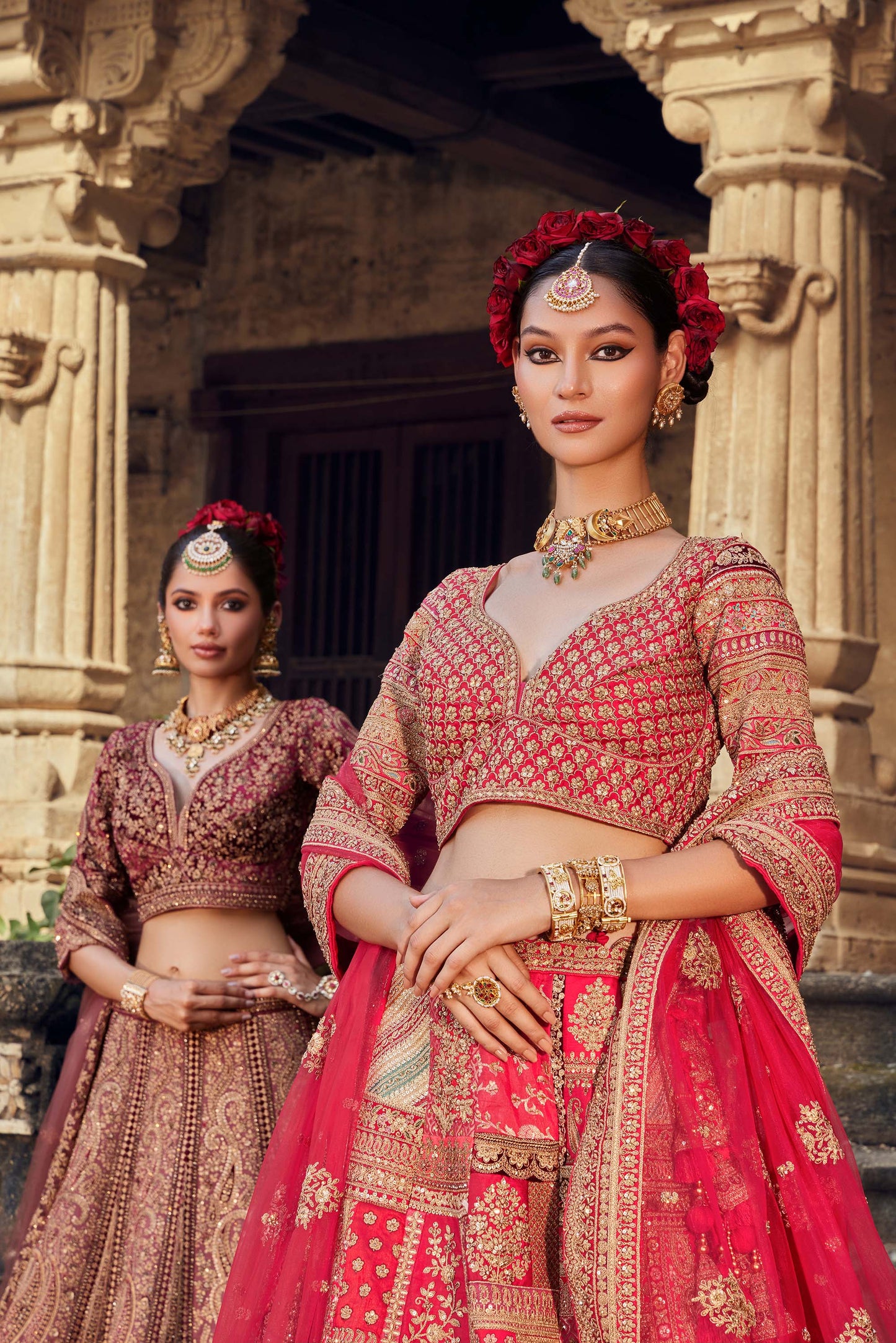 Shiva Machine Embroidered Silk & Velvet Red Bridal Lehenga