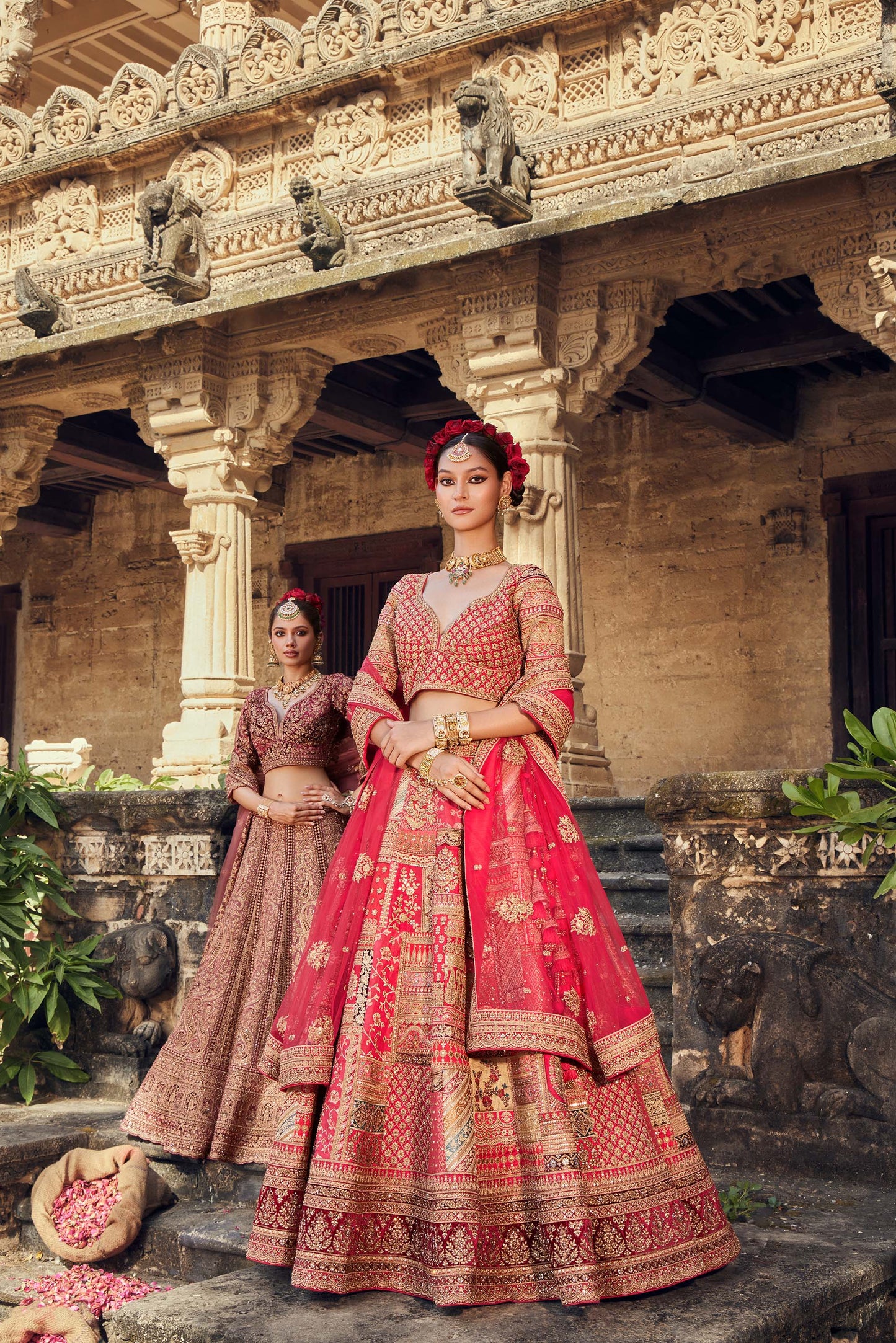 Shiva Machine Embroidered Silk & Velvet Red Bridal Lehenga