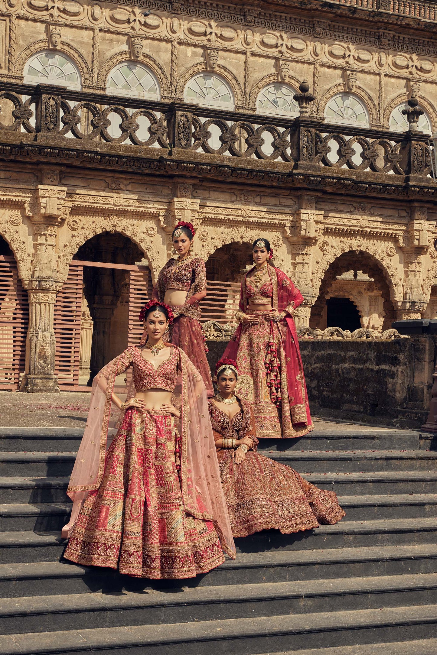 Shiva Machine Embroidered Silk & Velvet Red Bridal Lehenga