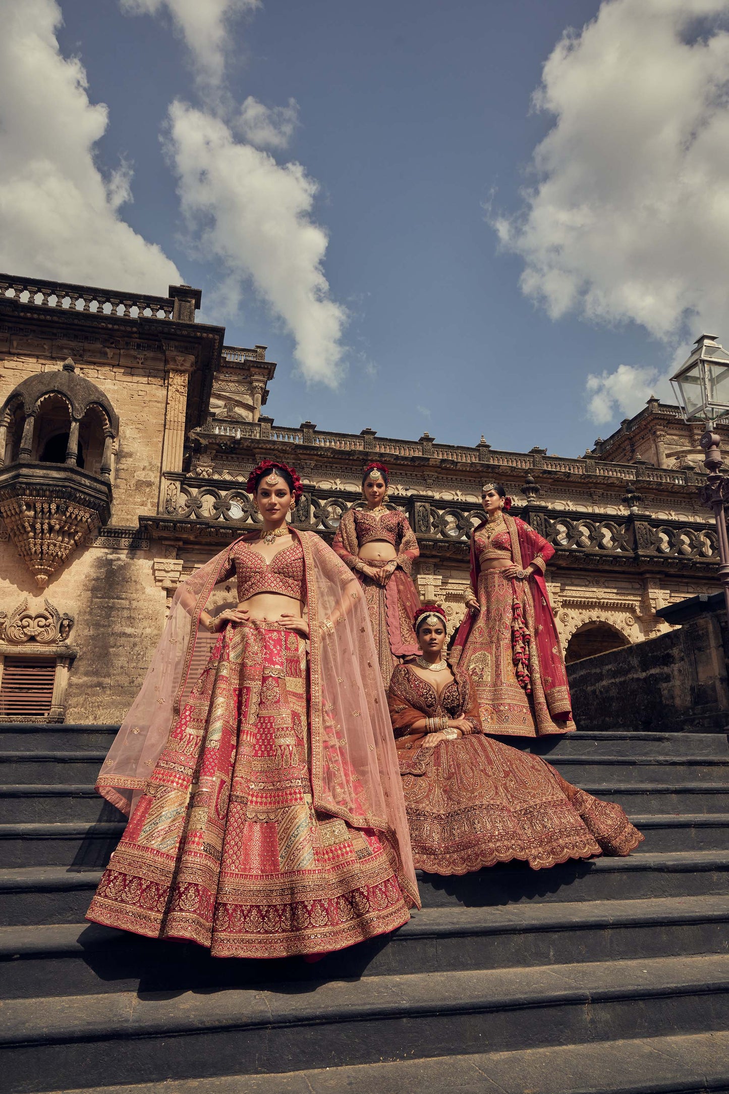 Shiva Machine Embroidered Silk & Velvet Red Bridal Lehenga