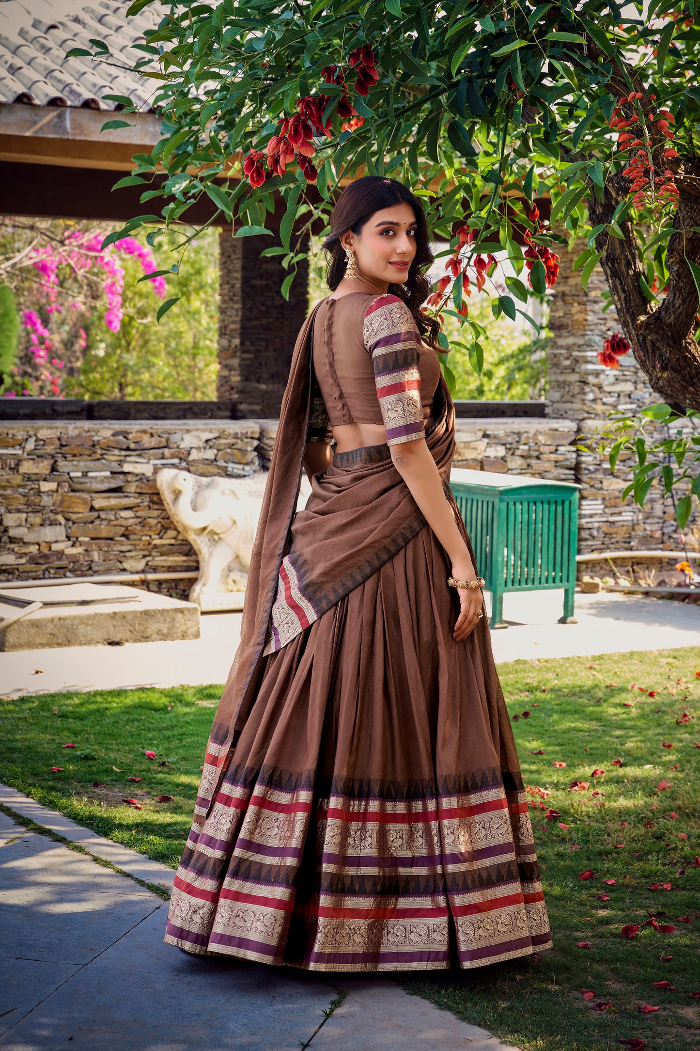Brown Chanderi Zari Weaving Border Wedding Guest Lehenga