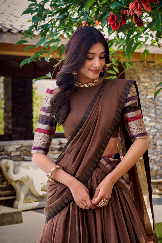 Brown Chanderi Zari Weaving Border Wedding Guest Lehenga