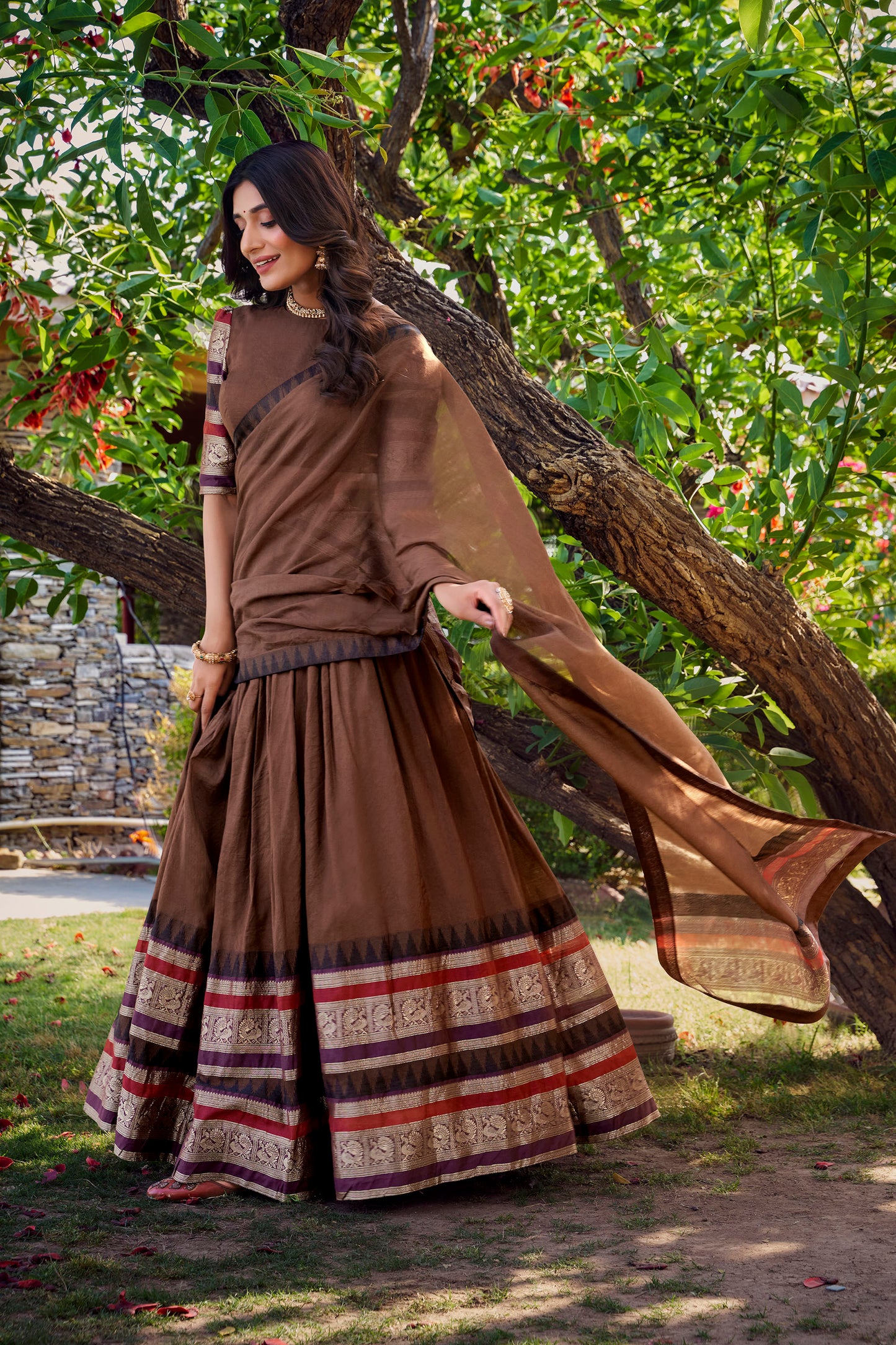Brown Chanderi Zari Weaving Border Wedding Guest Lehenga