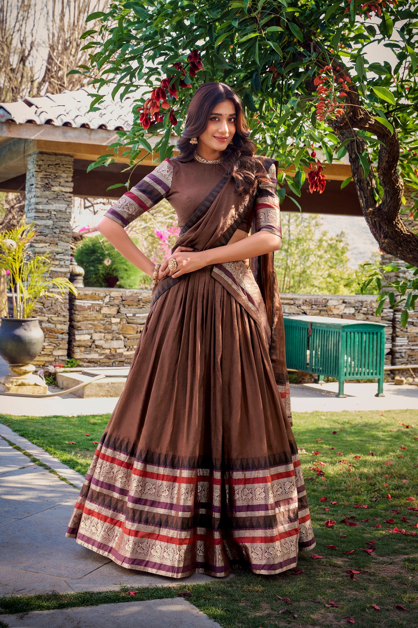 Brown Chanderi Zari Weaving Border Wedding Guest Lehenga