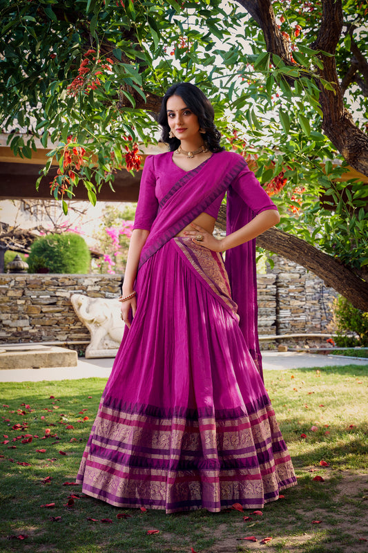 Pink Chanderi Zari Weaving Border Wedding Guest Lehenga