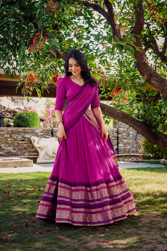 Pink Chanderi Zari Weaving Border Wedding Guest Lehenga