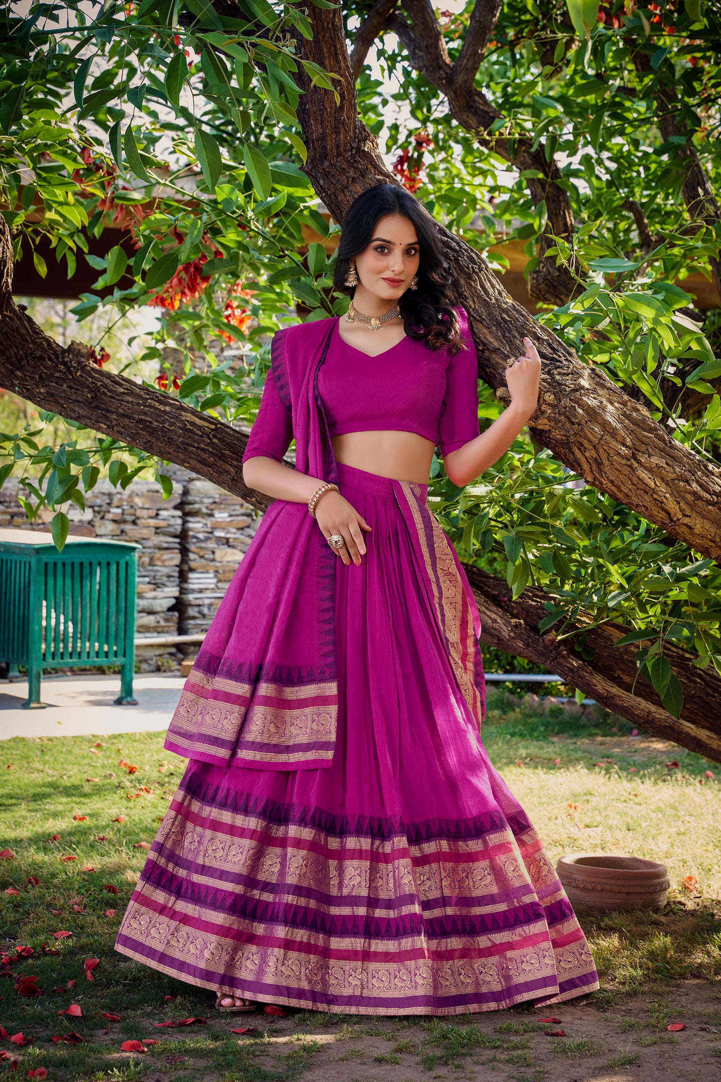 Pink Chanderi Zari Weaving Border Wedding Guest Lehenga