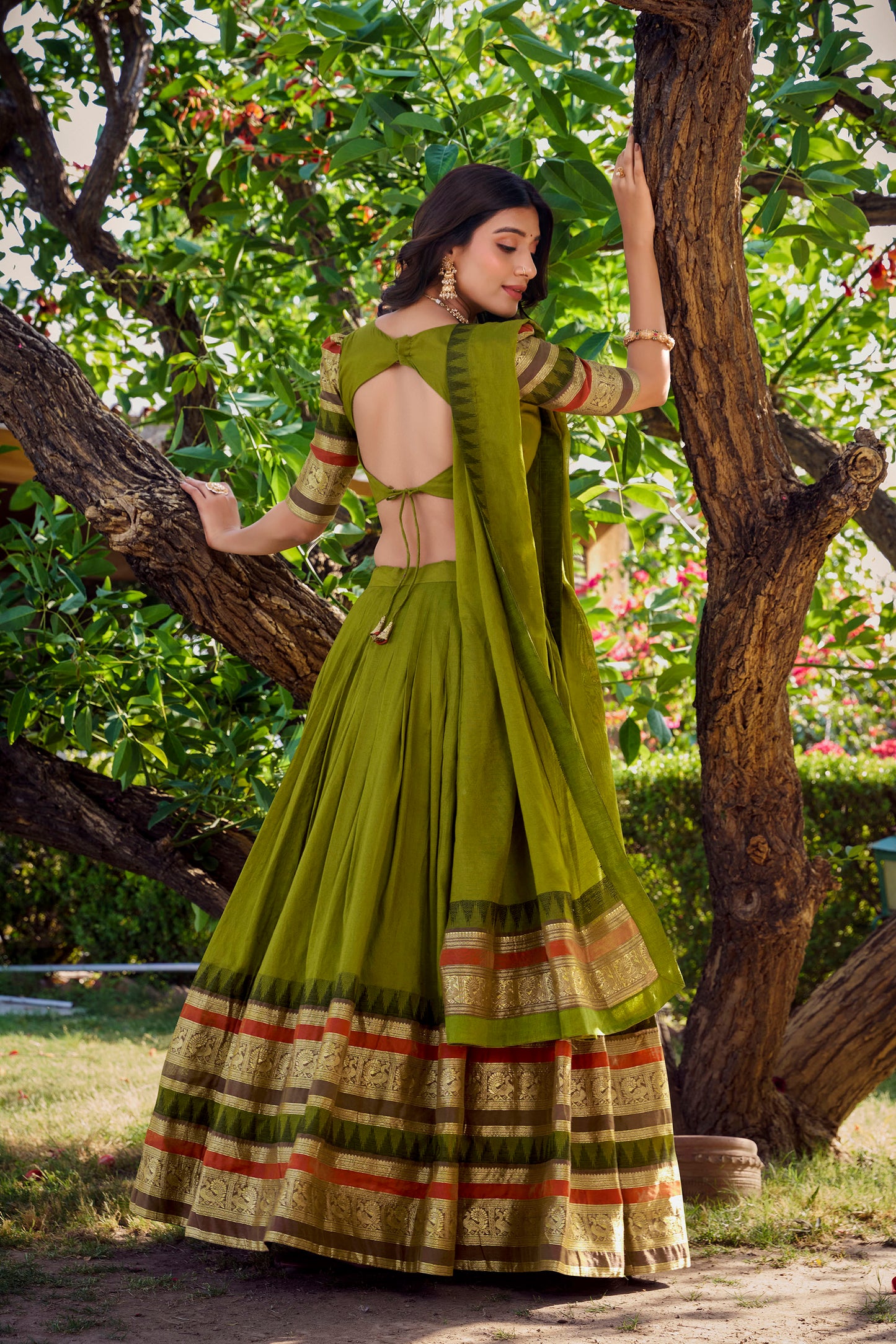 Green Chanderi Zari Weaving Border Wedding Guest Lehenga