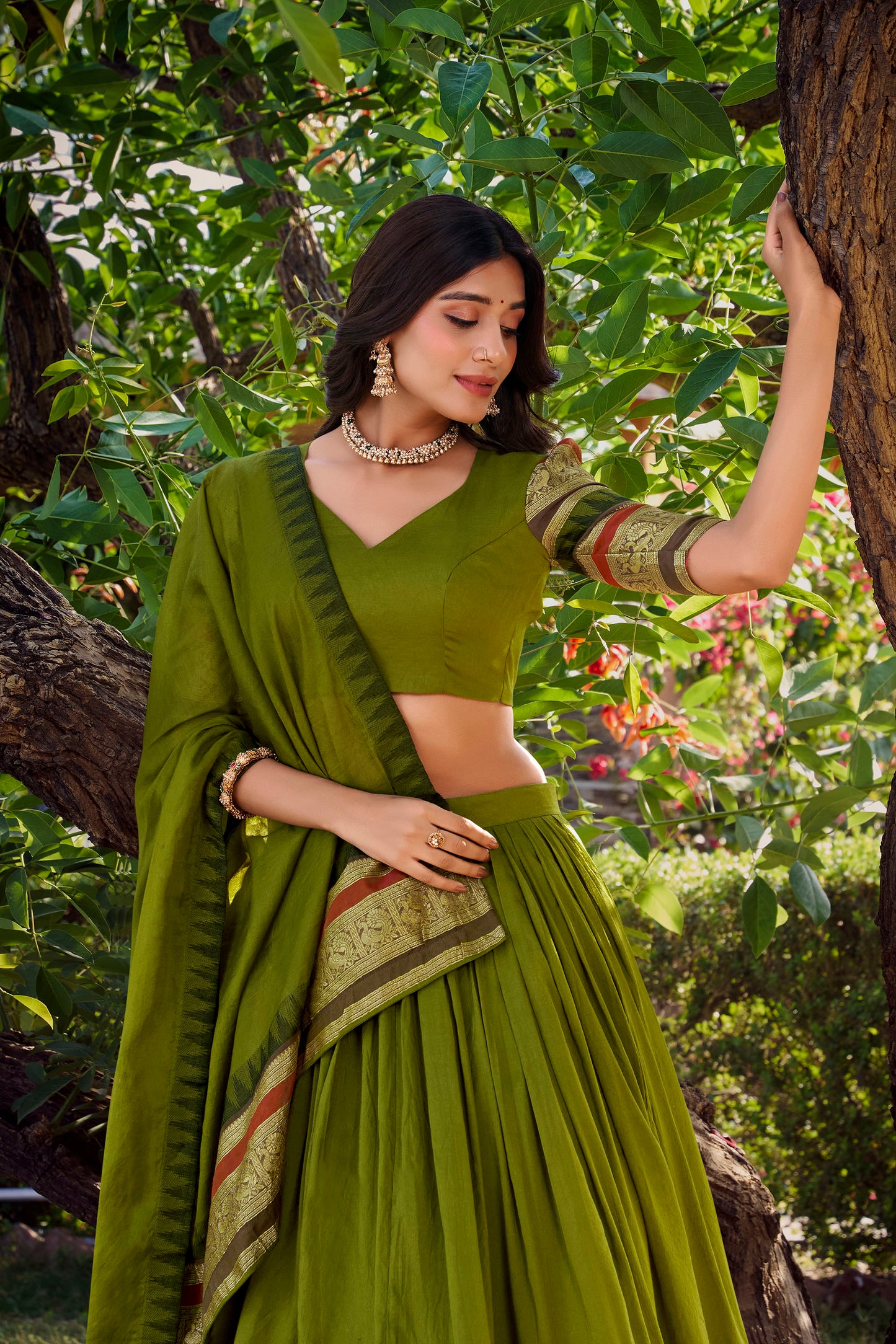 Green Chanderi Zari Weaving Border Wedding Guest Lehenga
