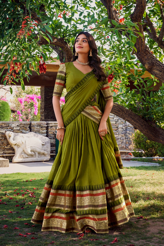 Green Chanderi Zari Weaving Border Wedding Guest Lehenga