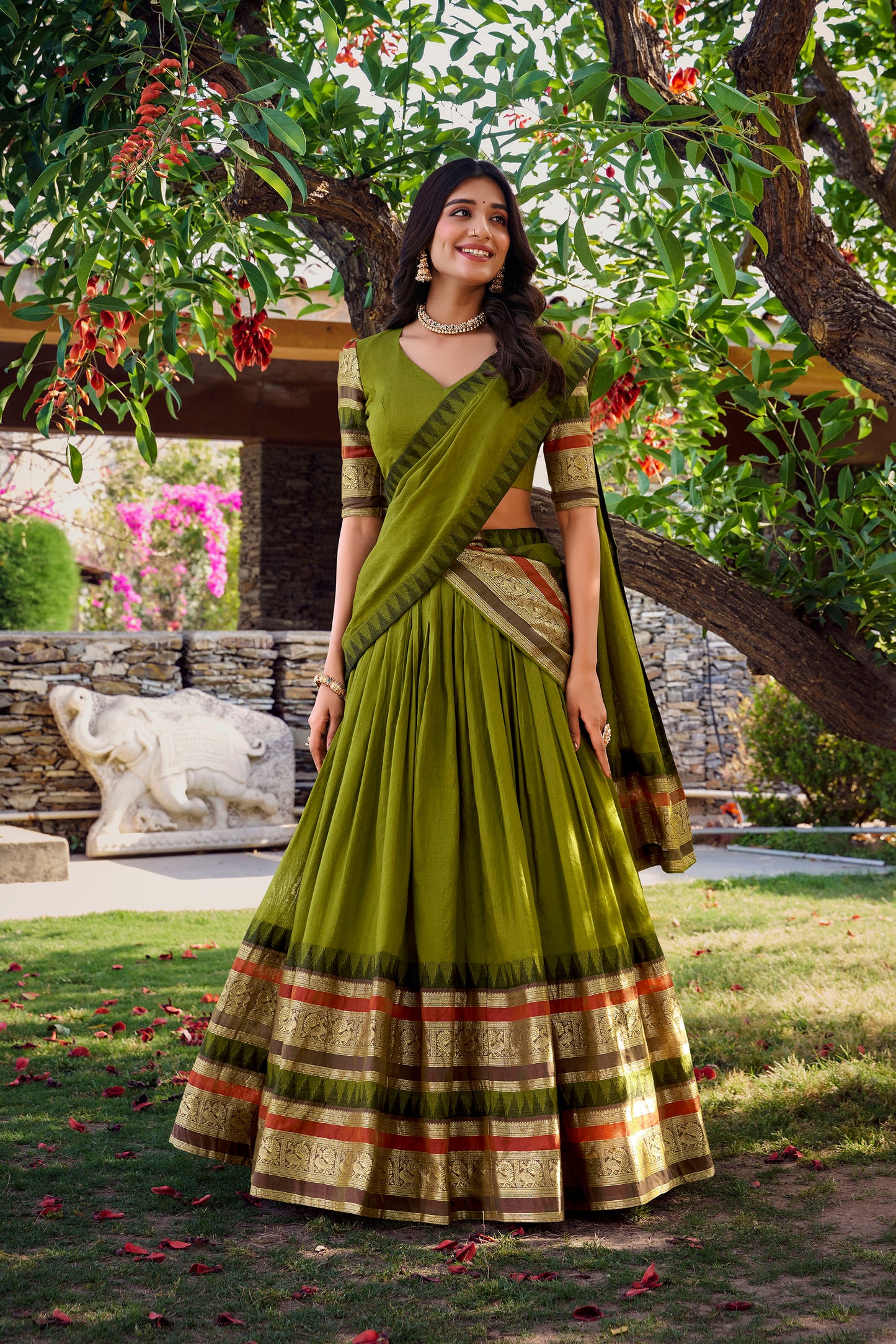 Green Chanderi Zari Weaving Border Wedding Guest Lehenga