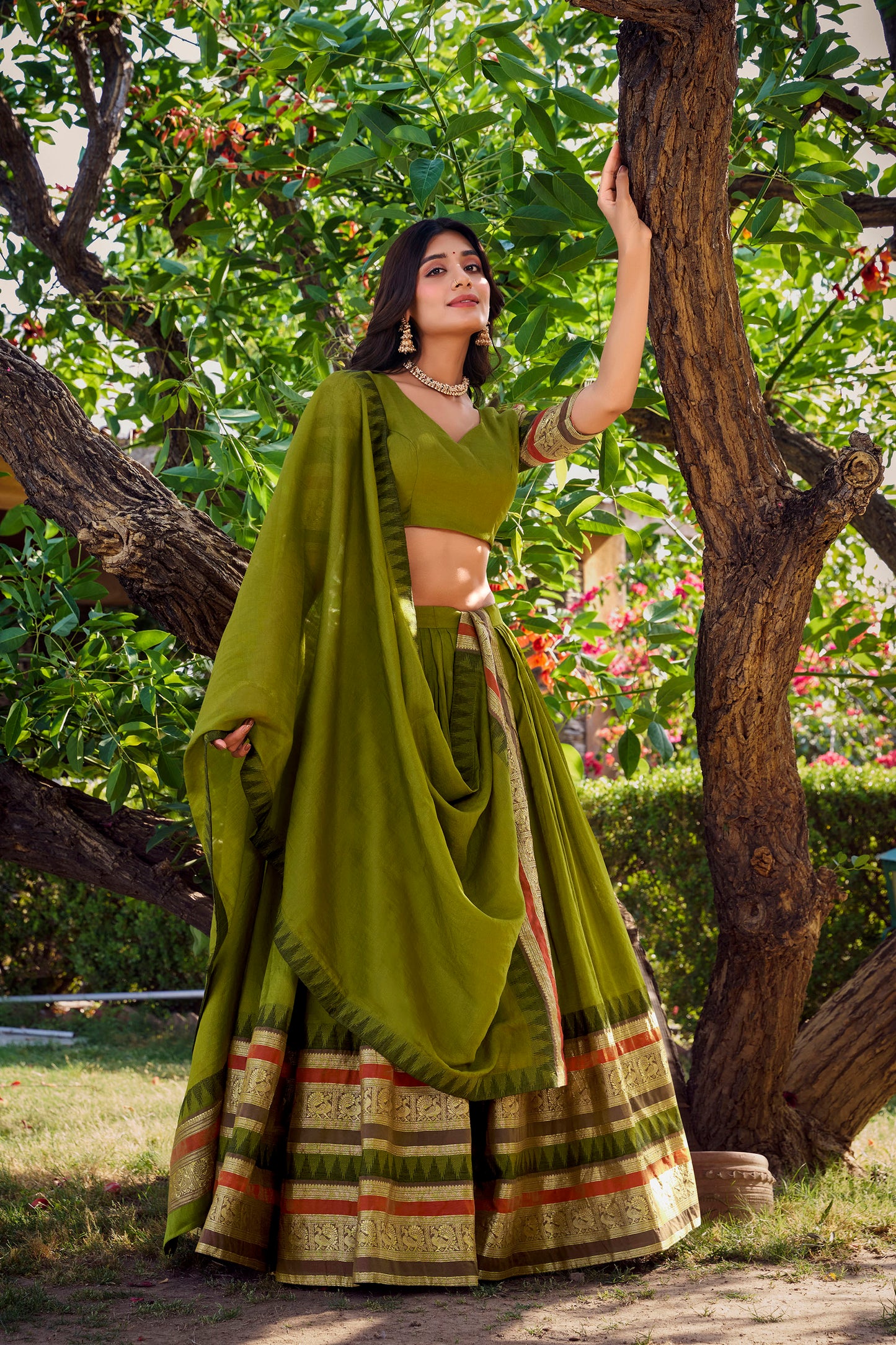 Green Chanderi Zari Weaving Border Wedding Guest Lehenga