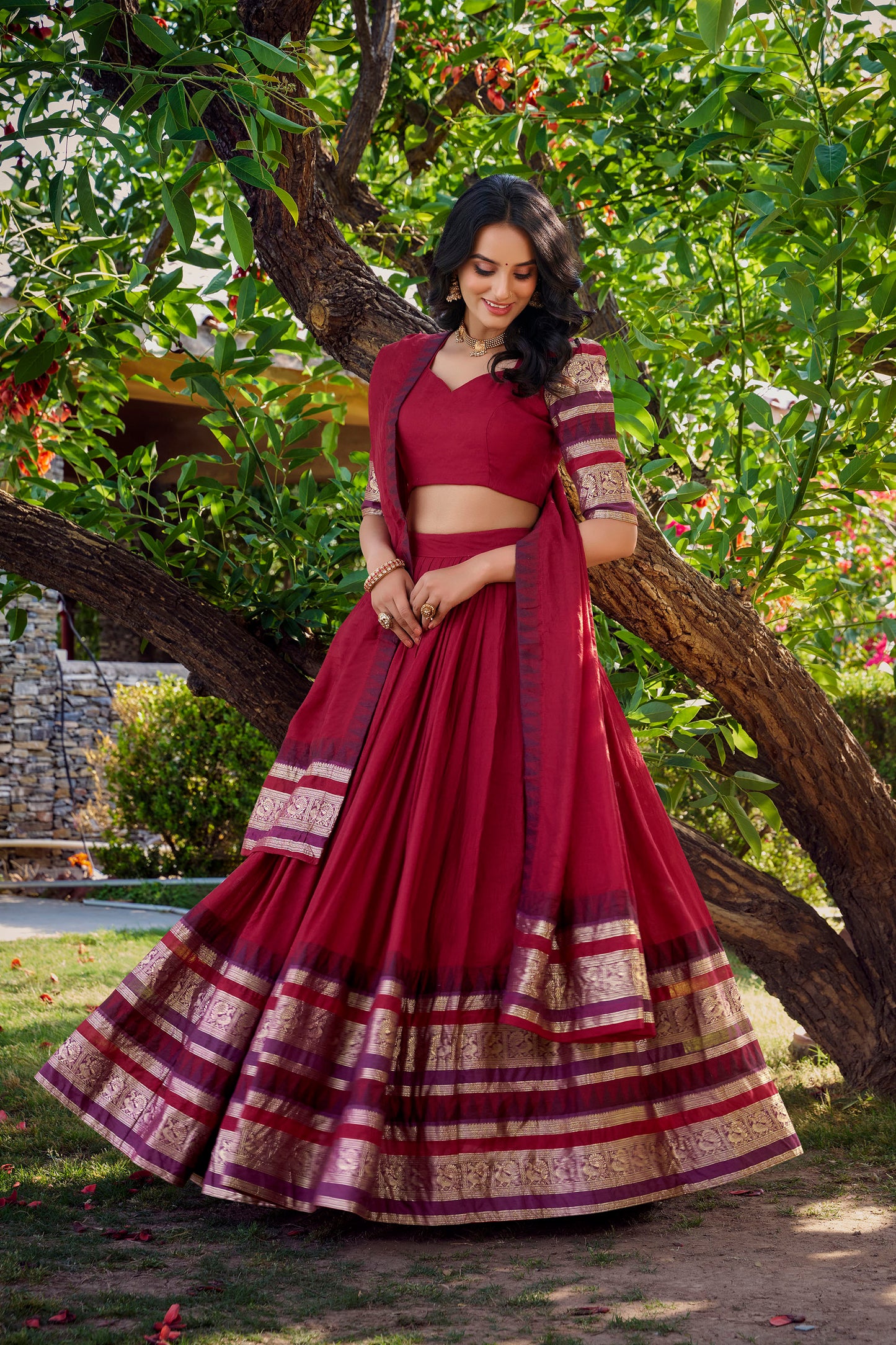 Red Chanderi Zari Weaving Border Wedding Guest Lehenga
