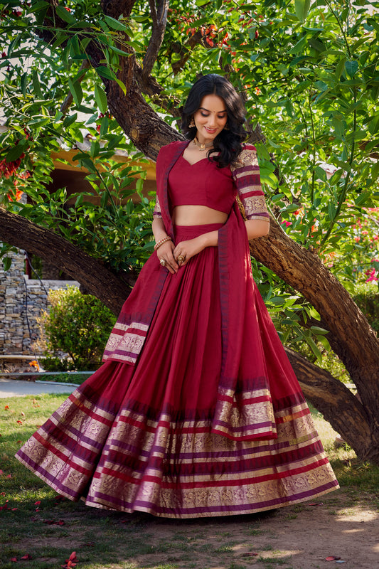 Red Chanderi Zari Weaving Border Wedding Guest Lehenga