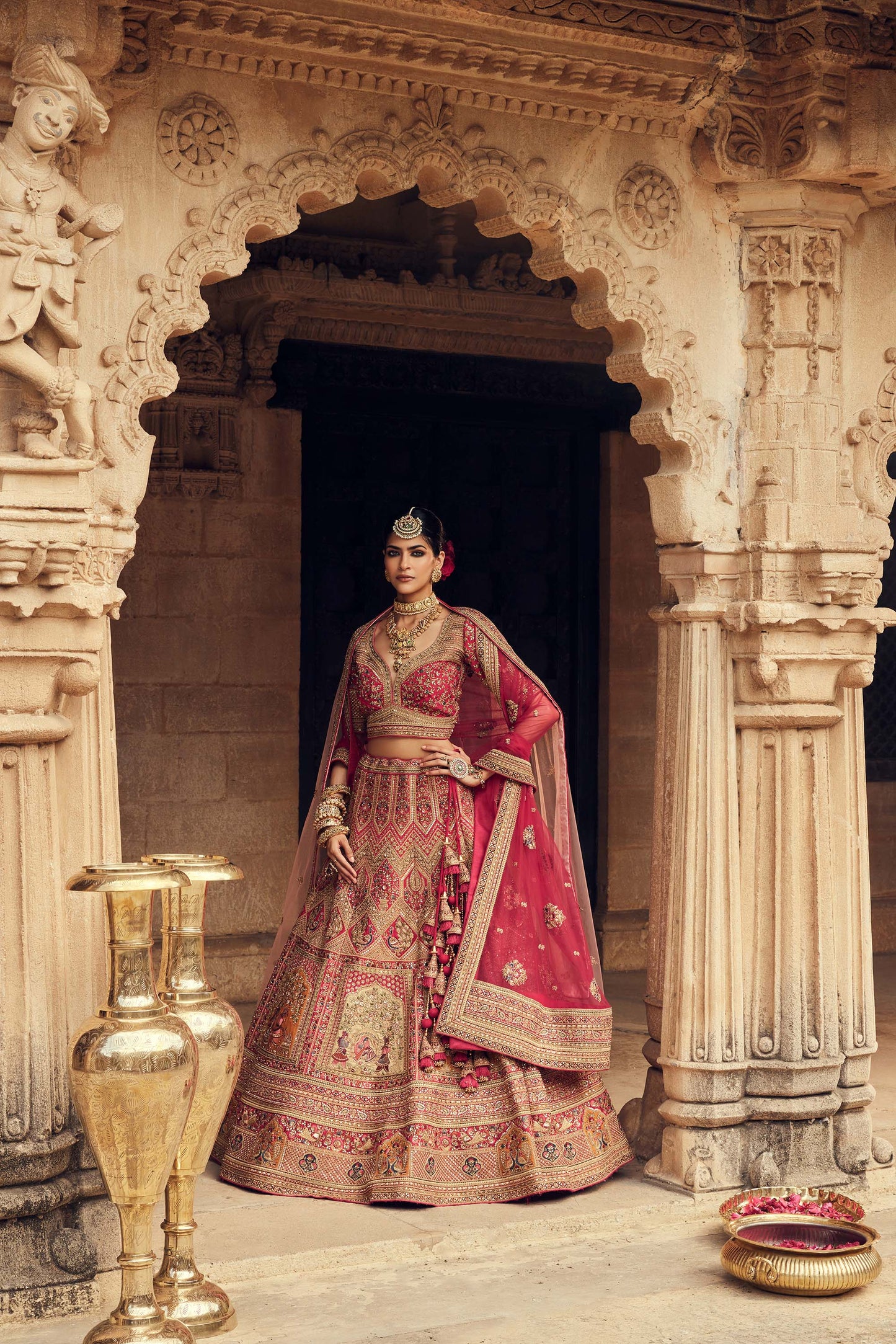 Shiva Machine Embroidered Silk Red Bridal Lehenga