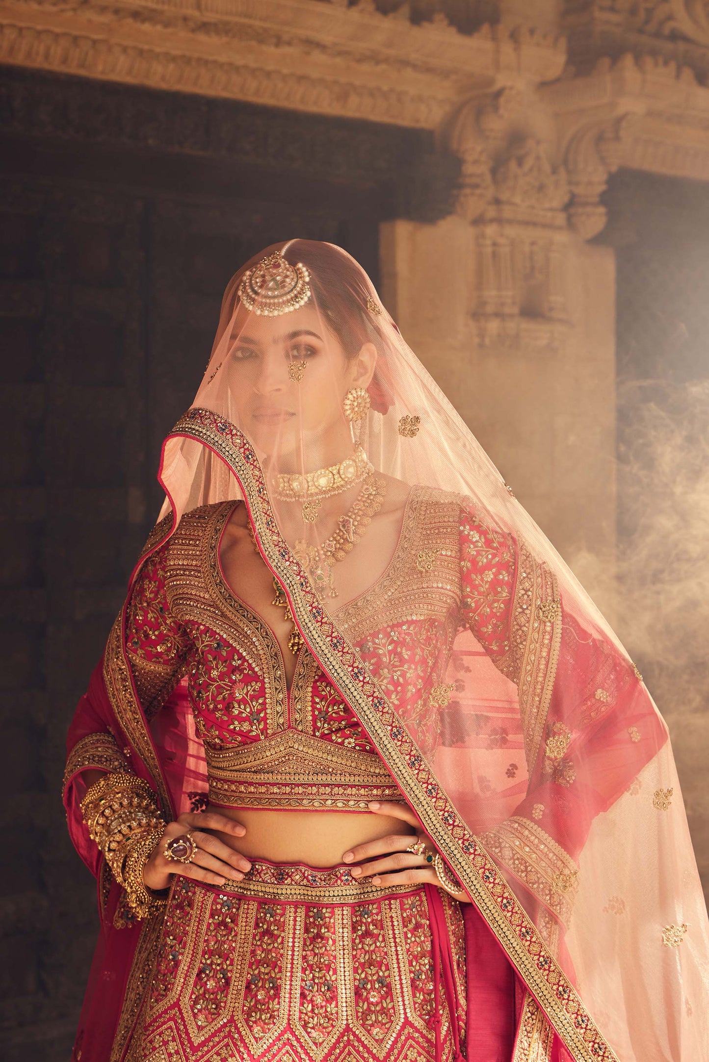 Shiva Machine Embroidered Silk Red Bridal Lehenga