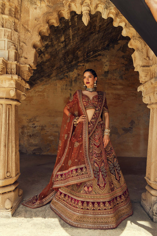 Shiva Machine Embroidered Silk, Net & Velvet Maroon Bridal Lehenga