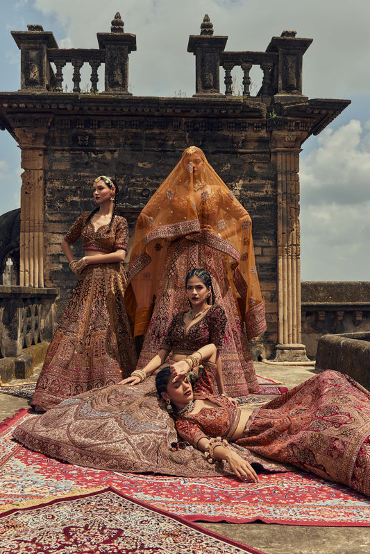 Shiva Machine Embroidered Silk, Net & Velvet Maroon Bridal Lehenga