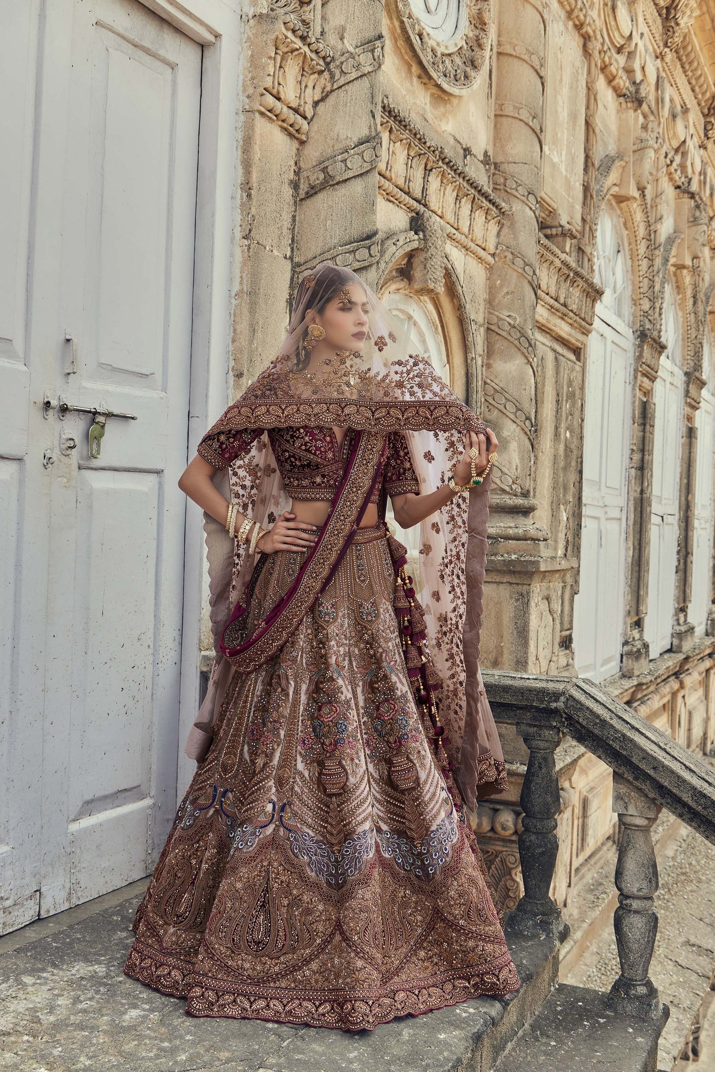 Shiva Machine Embroidered Silk, Net & Velvet Maroon, Wine Indian Bridal Lehenga