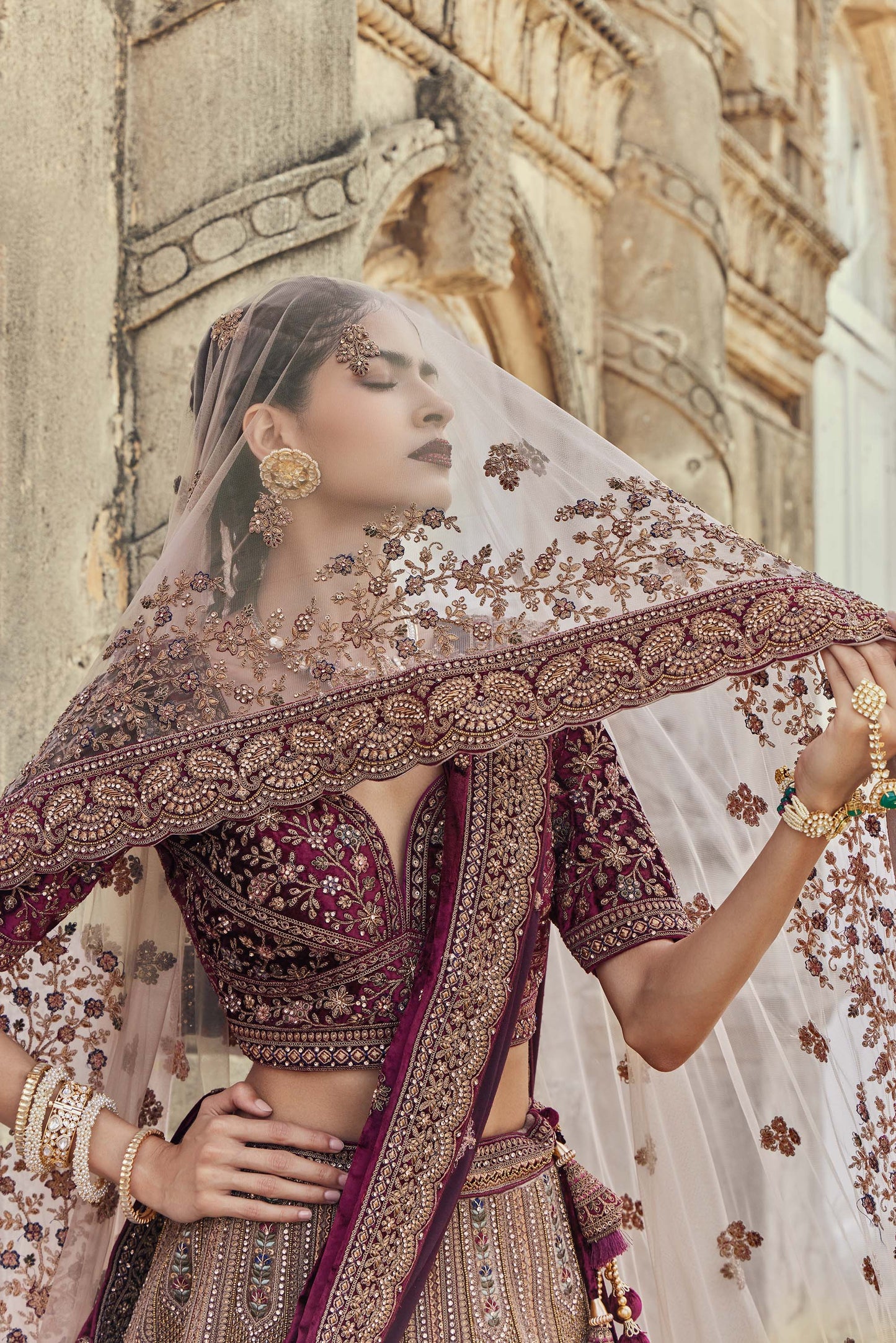 Shiva Machine Embroidered Silk, Net & Velvet Maroon, Wine Indian Bridal Lehenga