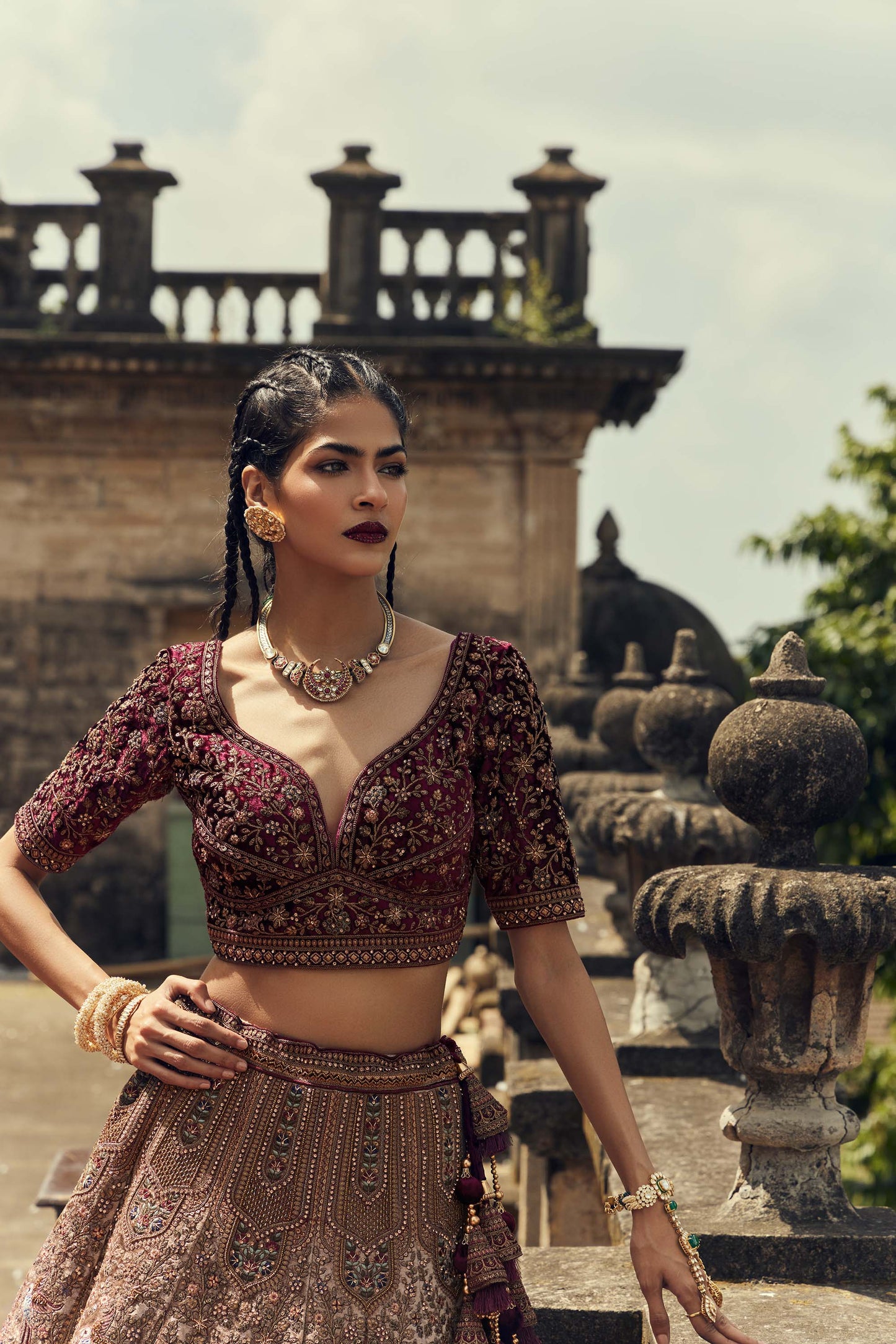 Shiva Machine Embroidered Silk, Net & Velvet Maroon, Wine Indian Bridal Lehenga